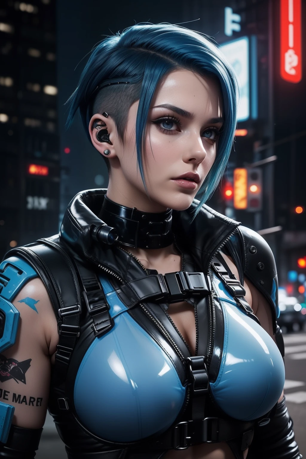 Action shot, (woman), (female), (30 years), Cyberpunk, (military), ((cyborg)), razor girl, Cyberpunk with blue hair, ((undercut blue hair)), Cyborg lady, (emo blue hair), undercut hair, ((blue haired Cyberpunk)), perky chest, (big nose), adult lady, mature lady, adult, mature, ((Busty)), (eye-liner), ((dark eyes)), ((Blue Hair)), ((undercut Hair)), fair skin, pale skin, sexy, sensual, appealing, seductive, (clear LaTeX), transparent LaTeX, (clear LaTeX body harness), sexy LaTeX, ((holding shotgun)), Combat boots, urban camouflage, cyberpunk streets, cyberpunk night