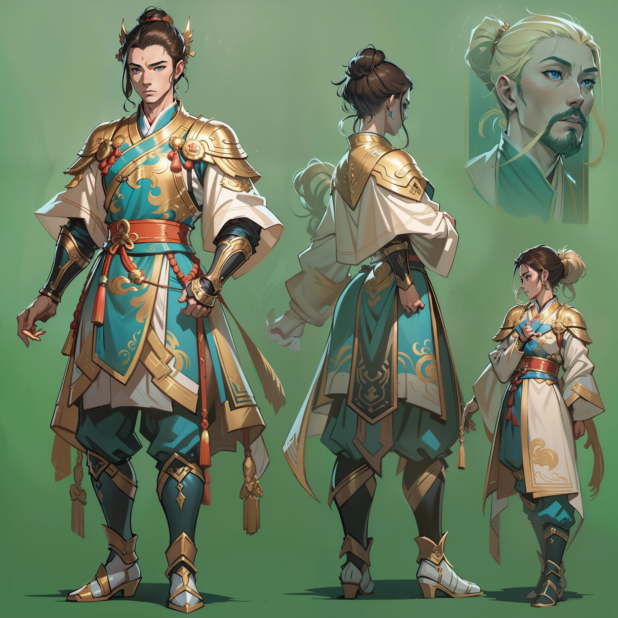 A close-up of a 30-year-old strongman, with hazel eyes and very short curly blonde hair, Porter une tenue de combattant bleu et sarcelle, A hero with hazel eyes, Man fighting with bare hands, Mage with air magic, debout dans un temple chinois, Nouveau concept de costumes, in the style of the blade and the soul, Concept of complete character of the body, Detailed character design, inspired by Yang Jin, inspired by Li Mei-shu, Costume chinois, inspired by Lan Ying, inspired by Sim Sa-jeong, inspired by Li Tang, lunar themed attire, Costume with gold accents, inspired by Ju Lian, colored concept art, Highly detailed character design, high detail face, Inspired by Ai Xuan, high detail face, unreal engine render, Style Final Fantasy 14, inspired by Leng Mei