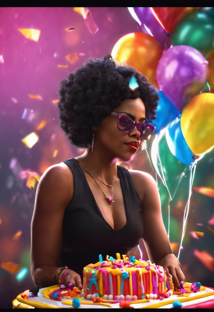Young black woman with glasses. Sorrindo. Birthday cake on the head, Ultra realista, detalhado, 4k, colorido criativo