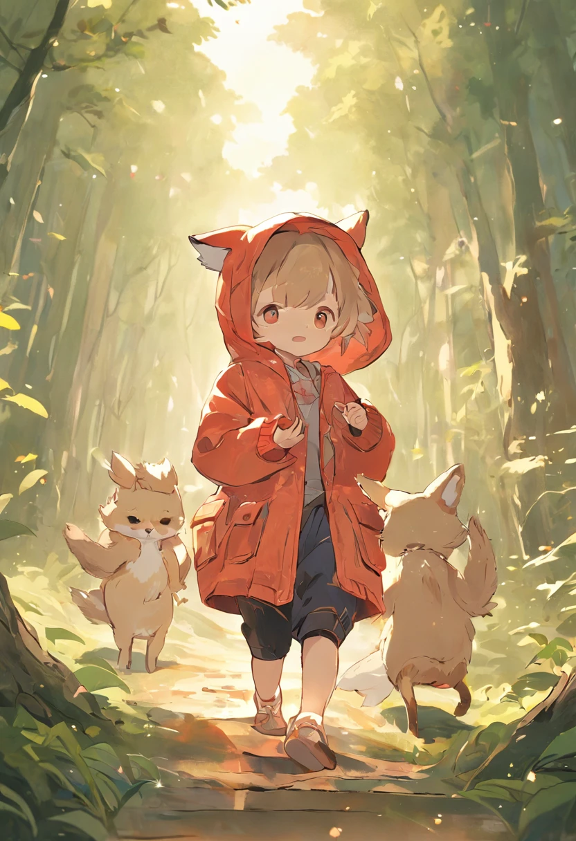 Childrenswear outfit, 児童書, A rabbit, a fox, Squirrels and owls, at a forest, pleasing, cheerful, stas