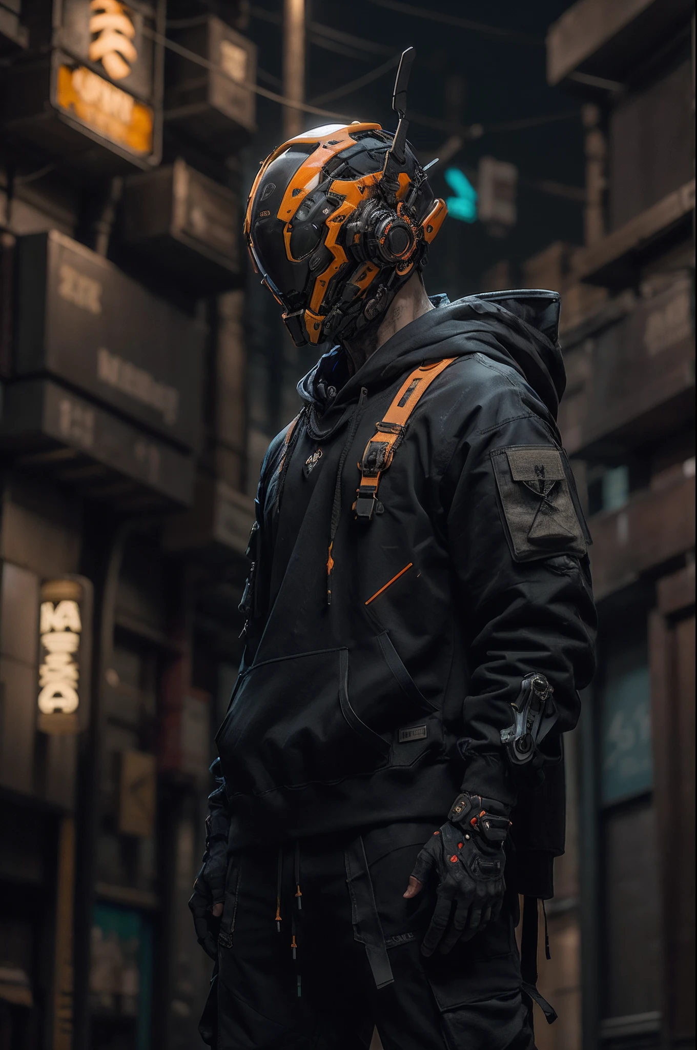 (obra maestra, plano de cuerpo completo, Intricate raw photography)Ciudadano cyberpunk, Oversized extra asymmetrical black hoodie, pantalones cargo negros, ropa negra, oscura, tactical gloves, el lleva puesto un cyberhelmet futurista color negro de alta tecnologia, brillante, algo parecido a daftpunk,  muy intrincado, Small LED details, Advanced technology closed helmet, ambiente oscuro, dramatico, luz y sombra, ((Kinematic, Black neon,))  action film, nitidez, neon-noir ciudad moderna, street neon lights, calle oscura, noche, foto de Insta, Photo of the Year, Epic depth field, Epic resolution, Epic Quality, Epic sharpness, Intrincada epopeya,urban techwear,Reelmech