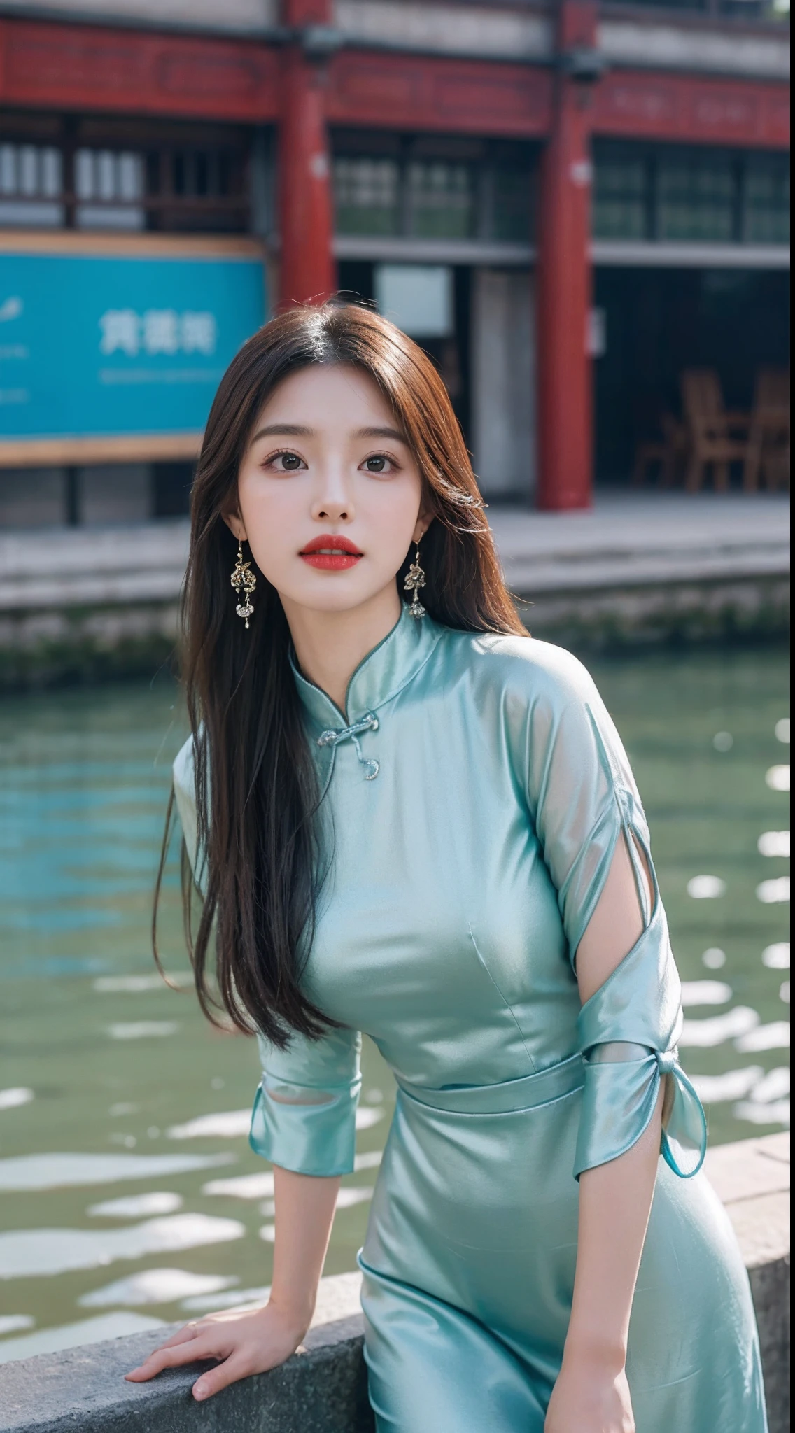 best qualityer,infinite details,photograph of-realistic,HighestQuali,A high resolution,cinematric light,Dingdall effect,(Beautuful Women),Supai cheongsam,stocklings(Bare thighs),Clear and refined facial features,Perfect facial proportions,with fair skin,Long hair flowing over the shoulders,Elaborate Eyes,Redlip,ssmile,The expression is full of charm,Avant-garde flowing earrings,Exudes an artistic touch,Jiangnan water town background,𝓡𝓸𝓶𝓪𝓷𝓽𝓲𝓬