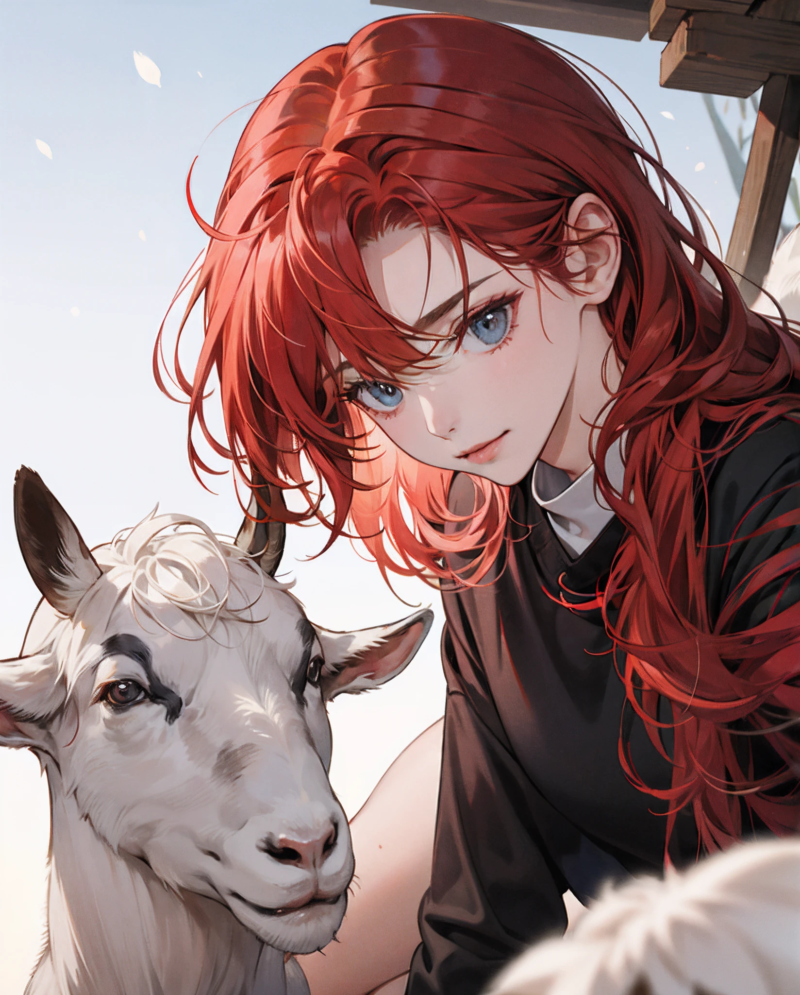 Red-haired girl and goat