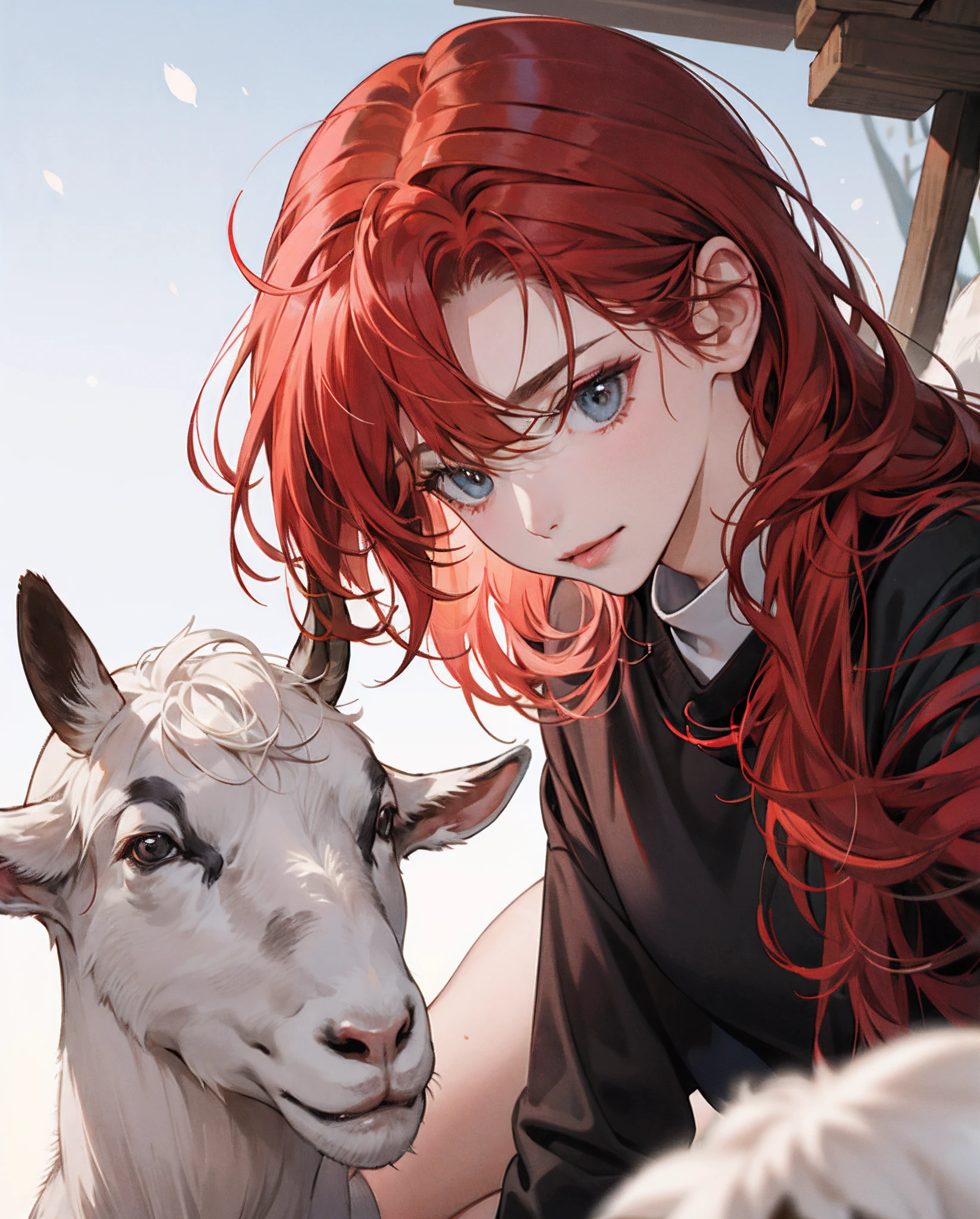 Red-haired girl and goat