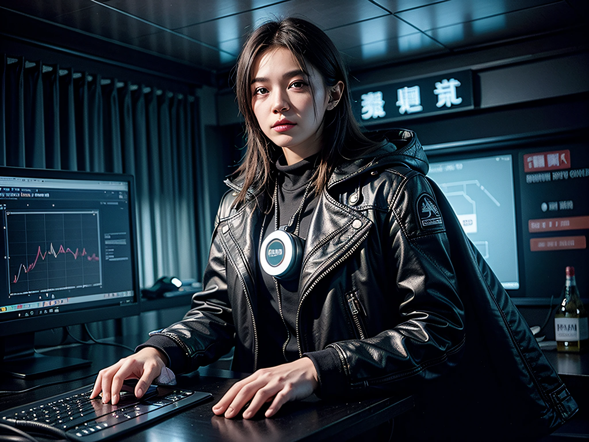 （（best qualtiy））， （（tmasterpiece））， （The is very detailed：1.3）， 3D，full-body portraits，rfktr_technotrex，Handsome cyberpunk man，（Wearing a head-mounted display，Thick and high-tech neon signs：1.2），Wear a cape，Computer hacking，Computer terminal，The soft glow of neon，Microelectronics，computer servers，LCD screens，Fiber optic cable，Company logo，vivd colour，HDR（HighDynamicRange），Ray traching，NVIDIA RTX，Hyper-Resolution，Unreal 5，sub surface scattering，PBR textures，post-proces，Anisotropy Filtering，depth of fields，Maximum clarity and sharpness，Many-Layer Textures，Albedo e mapas Speculares，Surface Coloring，Accurate simulation of light-material interactions，perfectly proportions，rendering by octane，twotonelighting，Low ISO，White balance，trichotomy，Wide aperture，8K RAW，High-Efficiency Sub-Pixel，sub-pixel convolution，Luminous Particle，Light scattering，Tyndall effect