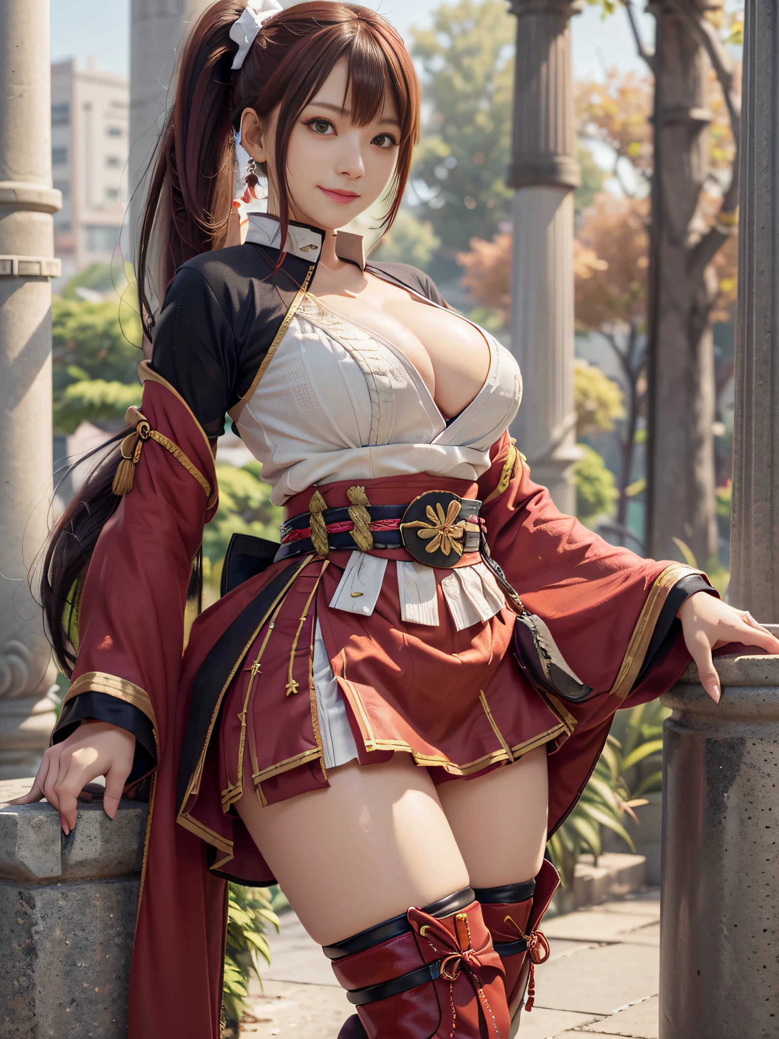 ​masterpiece、(top-quality:1.32), nffsw、( 超A high resolution: 1.3), (CG Unity 8k wallpapers:1.2), (Detailed eyes and skin:1.35), (detailed facial features:1.25), (Detailed eyes:1.36), precise and perfect human body structure, (Textured skin: 1.26), (Photorealistic Raw Photos: 1.27), award - winning photo, Depth of Picture, Shading by sunlight、
Tsurime、smirking mischievously、cleavage of the breast、Colossal tits、Attractive thighs、juicy thighs、
Red hair, ((Side Ponytail:1.5)), thick bangs, 
((Samurai costume:1.2))、skirt by the、long boots、 a wizard、Sorcerer、 Fantasia、Pillar of fire、Fireball、