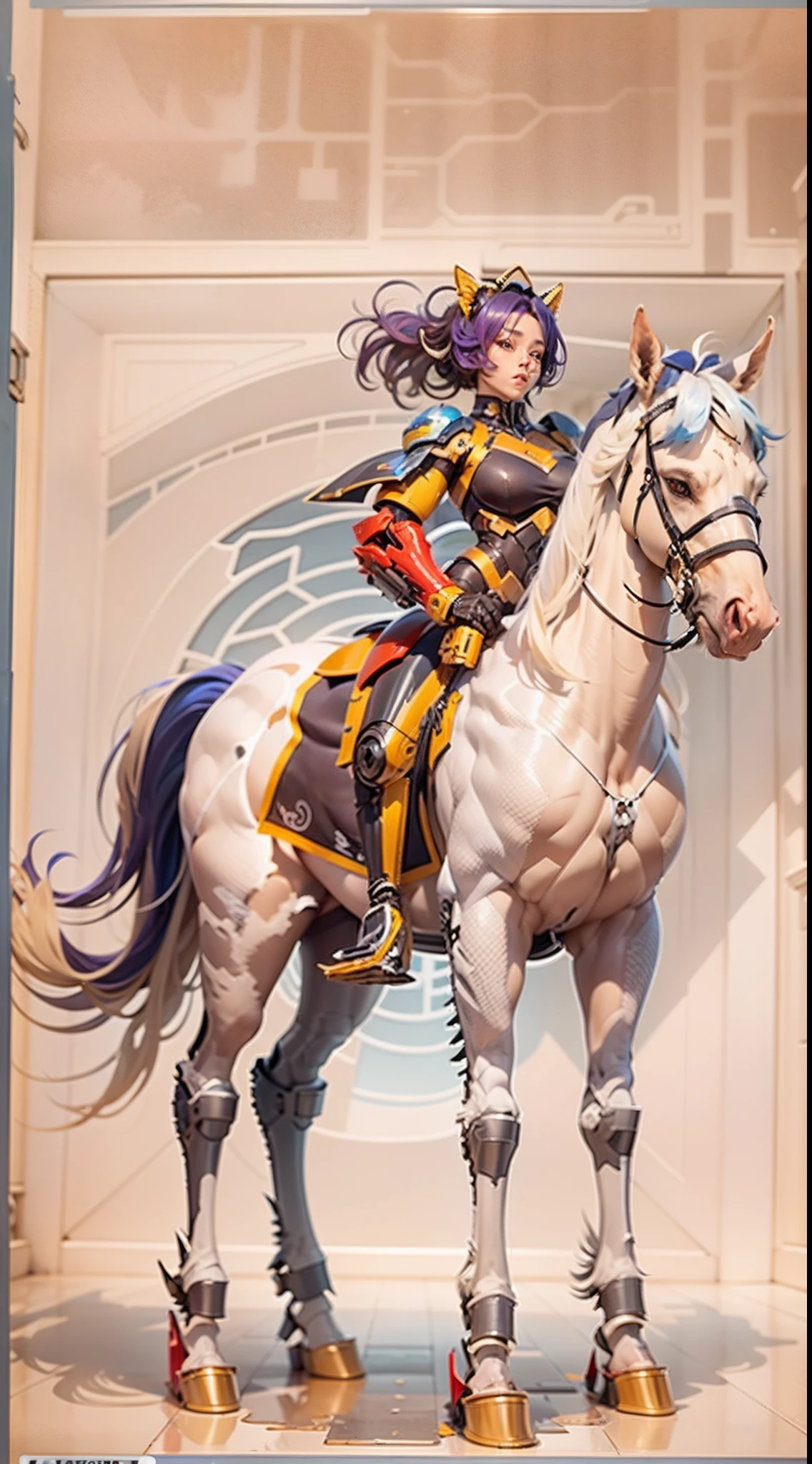 （A female centaur：1.5），She is both（Female: Centaur, half human, half horse, half horse, half horse：1.5），It is also a female Yingzhao。She blends both images，The first is：（（The head of the horse/neck/Shoulder these parts，Replaced with a beautiful female human upper body）：9.9），'s（Female, half-centaur, half-human, half-horse, half-human：1.5），The second is：（（The head of the horse/neck/lower back/hason/gluteal/Shijo Thigh Female Embodiment）：9.9），'s（Seamless chimera of a female half-horse with a beauty：9.9），（It's like a chimera of a female human and a half-horse costume：9.9），This chimerism is based on a strong future（Technologie：1.5）above。The ultra-wide-angle lens captures the image of her beautiful and ethereal wings on the ionosphere launching a super-high-speed charge and leaping。Her front half is distinctly feminine，Tall sexy body，possessed（K cup giant coconut tit chest：9.9），Has（Narrowed small brute waist 5.5）、Butterfly cross、（Long legs：9.9），The embedded interface of the bent female metamorphosis part of the back half of the body is at the hip position of the front half of the body。（The horse-shaped, half-horse torso form of her back body is completely female humanization9.9）。Translucent fluid flowing from the（Narrowed sternum 5.5）The upper end begins to embed the chest cavity of a woman in the shape of a bent dog style at the back of the beautiful woman's body/lower back/Ventral transverse。Then there are the sexy beauty's upright hips，（Her entire body has been completely female and replaced by a female body：9.9），Including the half-horse part。Mechanized armor covers the legs with knee-shaped anti-joints and feet，And these parts are highly anthropomorphic，This makes her legs graceful and slender，Her four horse legs exploded in length proportions and was slender and toned，Under the legs are skinny white feet dressed in Skyscraper Heels，Use Midjourney's advanced stroke tools and color palettes, as well as texture packs, model packs, and texture tools，Concentration，Include