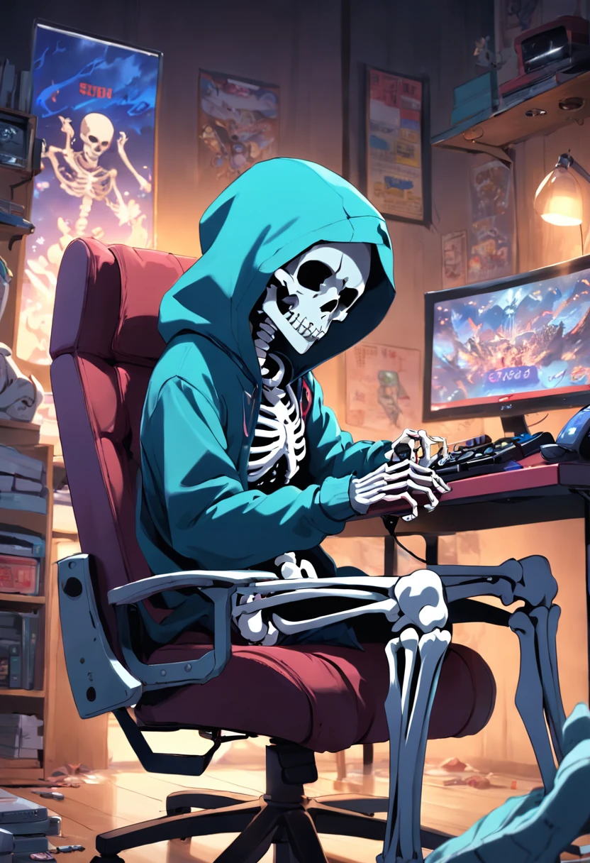 Skeleton in hoodie sitting on chair playing video game、Anime Cartoons、Holding a controller in your hand、Legs resting on the desk、