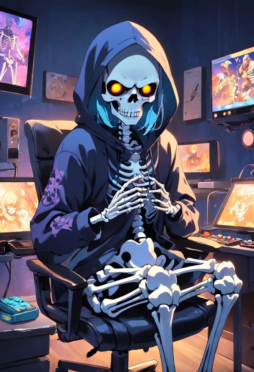 Skeleton in hoodie sitting on chair playing video game、Anime Cartoons、Holding a controller in your hand、Legs resting on the desk、
