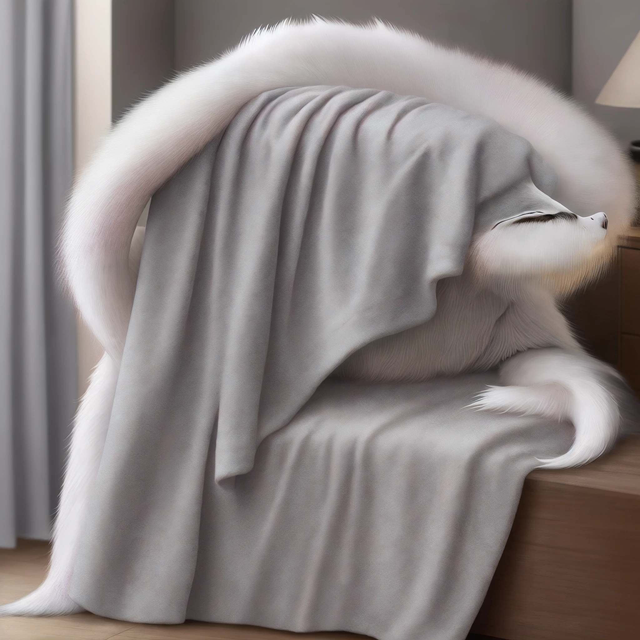 high detail, hyper quality, high resolution, 1080P, solo, furry, (male arctic fox: 1.5), (gray fur: 1.3), gray skin, gray ears, golden eyes, sharp claws, (fluffy tail: 1.2), wearing a bathrobe, sitting on the bed, in the room, detailed background, natural lighting