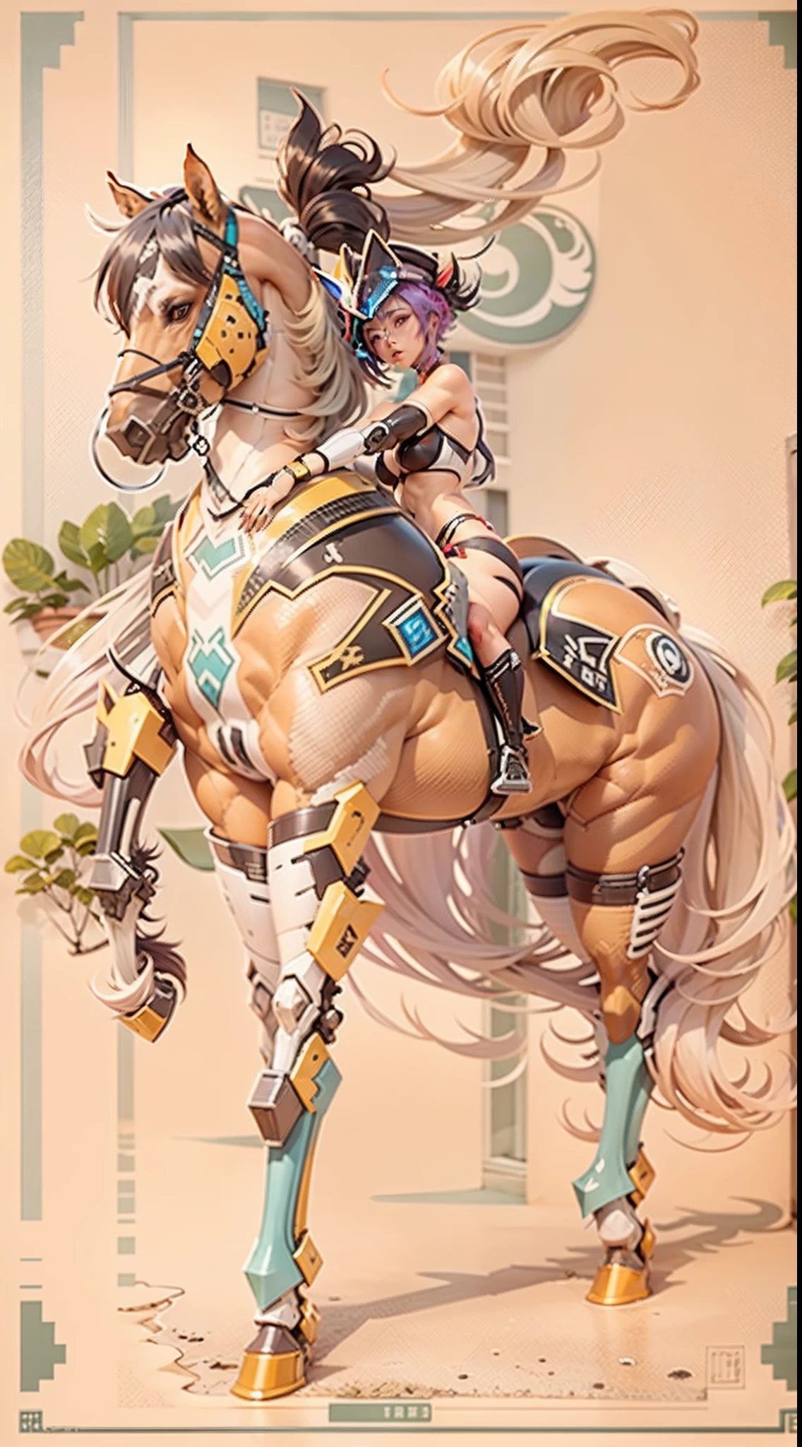 （A female centaur：1.5），She is both（Female: Centaur, half human, half horse, half horse, half horse：1.5），It is also a female Yingzhao。She blends both images，The first is：（（The head of the horse/neck/Shoulder these parts，Replaced with a beautiful female human upper body）：9.9），'s（Female, half-centaur, half-human, half-horse, half-human：1.5），The second is：（（The head of the horse/neck/lower back/hason/gluteal/Shijo Thigh Female Embodiment）：9.9），'s（Seamless chimera of a female half-horse with a beauty：9.9），（It's like a chimera of a female human and a half-horse costume：9.9），This chimerism is based on a strong future（Technologie：1.5）above。The ultra-wide-angle lens captures the image of her beautiful and ethereal wings on the ionosphere launching a super-high-speed charge and leaping。Her front half is distinctly feminine，Tall sexy body，possessed（K cup giant coconut tit chest：9.9），Has（Narrowed small brute waist 5.5）、Butterfly cross、（Long legs：9.9），The embedded interface of the bent female metamorphosis part of the back half of the body is at the hip position of the front half of the body。（The horse-shaped, half-horse torso form of her back body is completely female humanization9.9）。Translucent fluid flowing from the（Narrowed sternum 5.5）The upper end begins to embed the chest cavity of a woman in the shape of a bent dog style at the back of the beautiful woman's body/lower back/Ventral transverse。Then there are the sexy beauty's upright hips，（Her entire body has been completely female and replaced by a female body：9.9），Including the half-horse part。Mechanized armor covers the legs with knee-shaped anti-joints and feet，And these parts are highly anthropomorphic，This makes her legs graceful and slender，Her four horse legs exploded in length proportions and was slender and toned，Under the legs are skinny white feet dressed in Skyscraper Heels，Use Midjourney's advanced stroke tools and color palettes, as well as texture packs, model packs, and texture tools，Concentration，Include