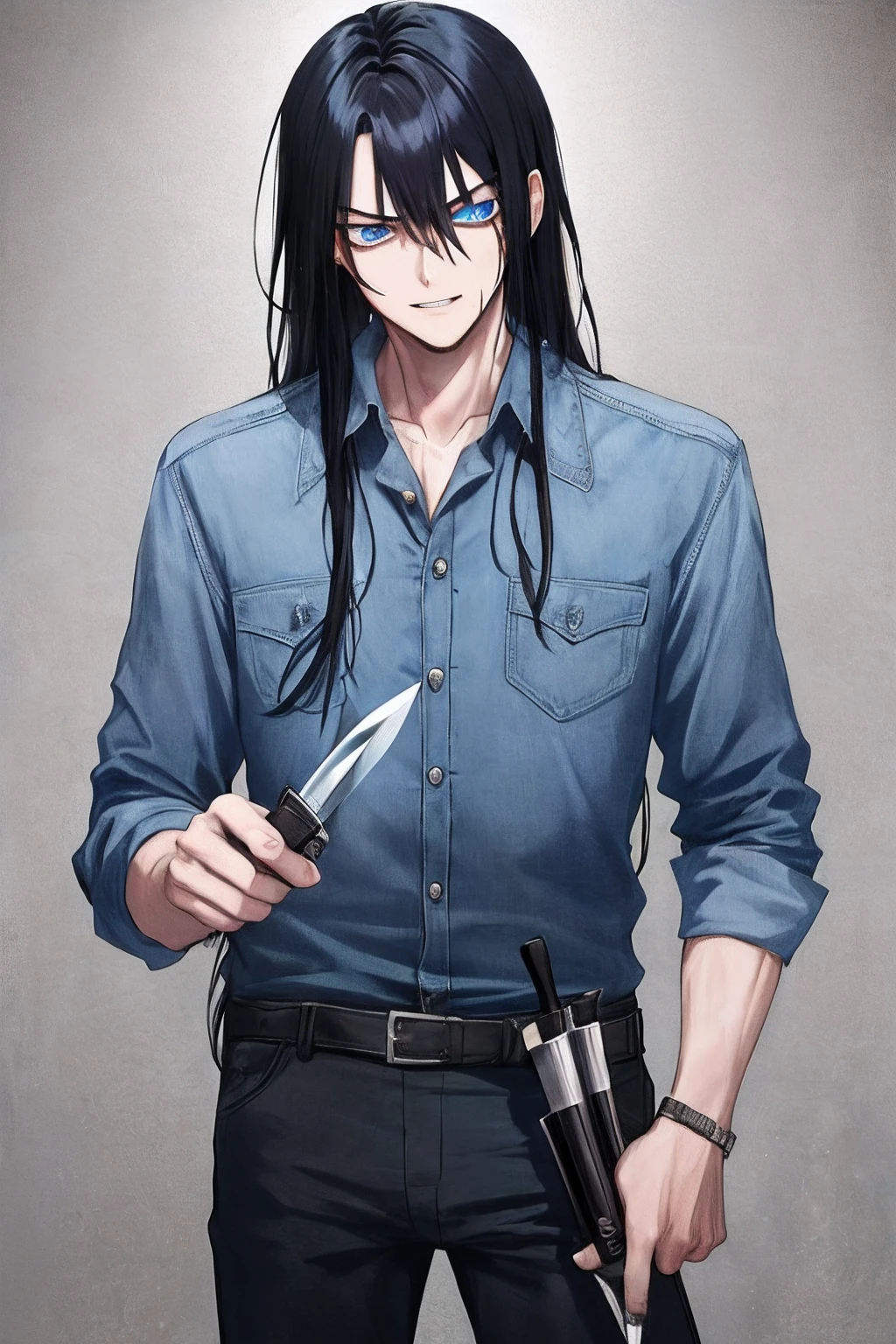 1boy, black hair, blue eyes, (cowboy_shot:1.2), face focus, long hair, sidelocks, scared,(terrified:1.1) knife in hand, evil smile,