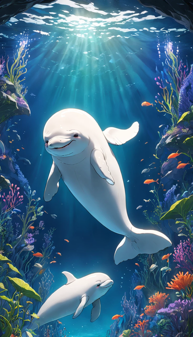 Smiling beluga whale on blue background,Green aquatic plants,Best Masterpiece,ultra intricately detailed,超高分辨率,fish flocks