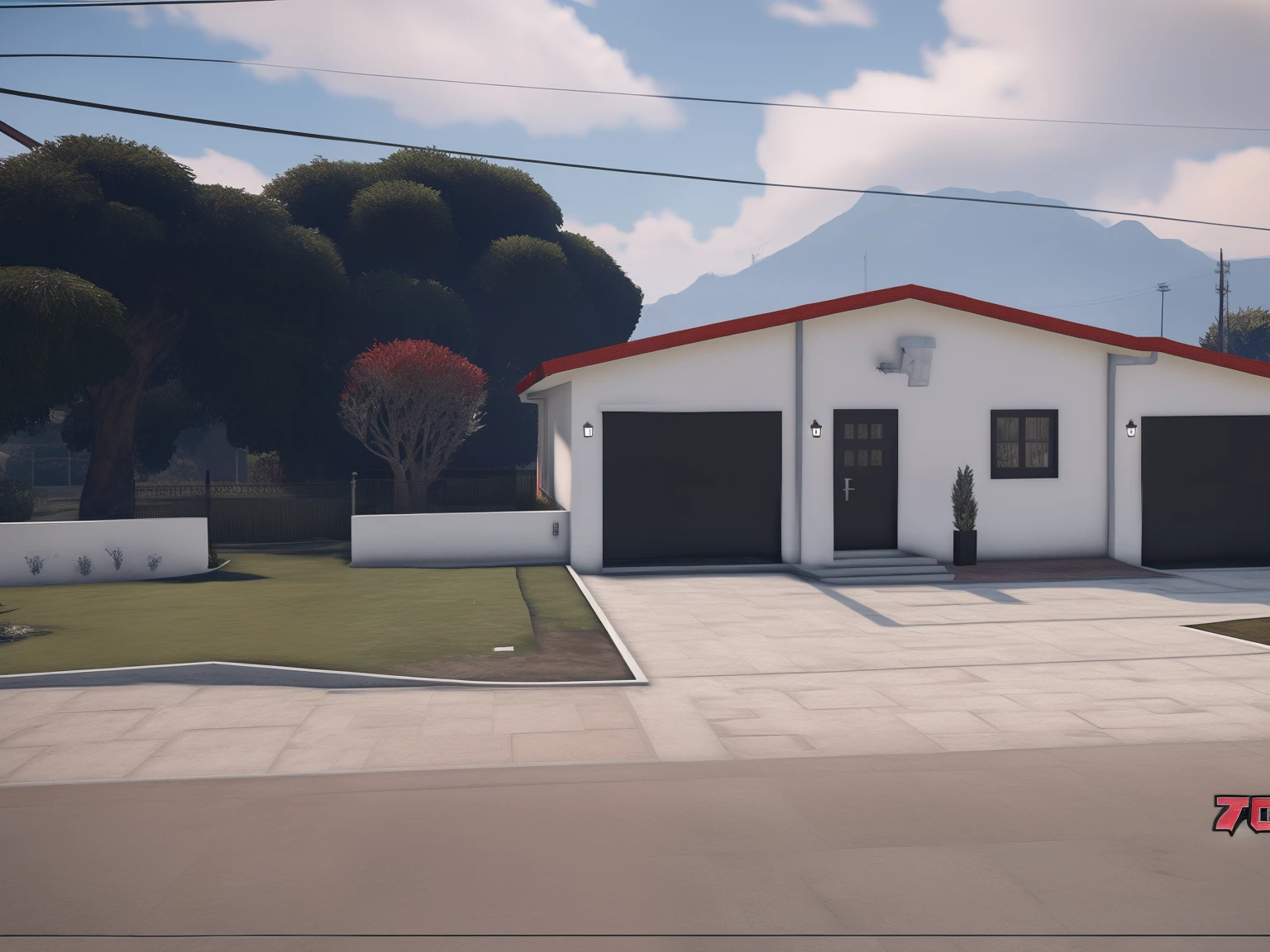 There is a white house with a red roof and a red roof, ((GTA 5 Casa Screenshot)), semi-realistic rendering, Renderizado no Lumion Pro, [ Fotorrealismo 4K ], altamente renderizado!!, Captura de tecido fotorrealista, renderizado em lumion, fully detailed render, renderizado em unreal engine 3d, realista estabelecendo tiro, [ Fotorrealismo 4K ]!!!