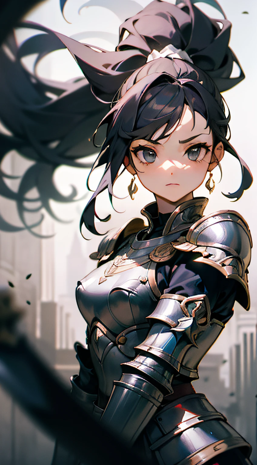 Standing drawing of the game,clean backdrop,com um fundo branco puro,Placa de blindagem pesada do lutador,Stand with a sword,Females,The ponytail is fluttering and messy,cabelo preto longo, heroic,(Corpo inteiro como:1.4),The face is clear and precise,detalhe no rosto,The details of the armor are detailed,The two-handed sword is depicted in detail,super-fino,16k resolution,alta qulidade,cinemac lighting,alto detalhe da imagem,dynamic viewing angle,pelos pubianos detalhados,epic shot,oc renderizado