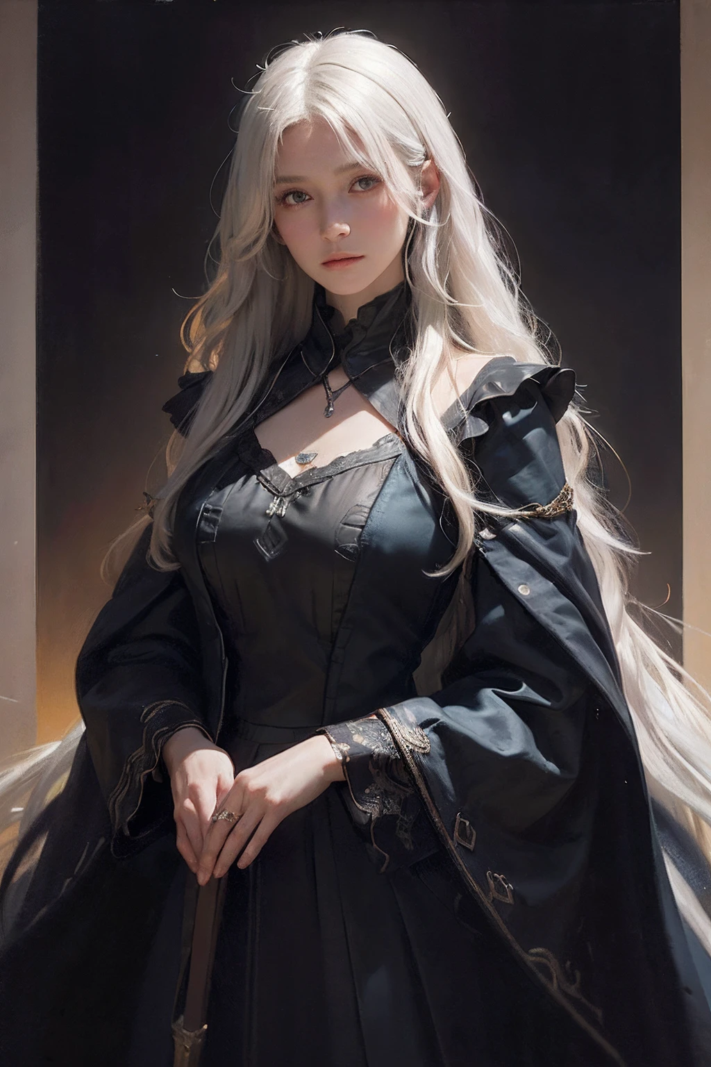 (front focus), (in the dark:1.6), Hyperrealist portrait of female by david hockney and alphonse mucha, fantasy art, photo realistic, dynamic lighting, artstation, poster, volumetric lighting, very detailed faces, 4 k, award winning, 1girl, in the dark, deep shadow, low key, cowboy shot, (official clothing:1.4), long hair, white hair