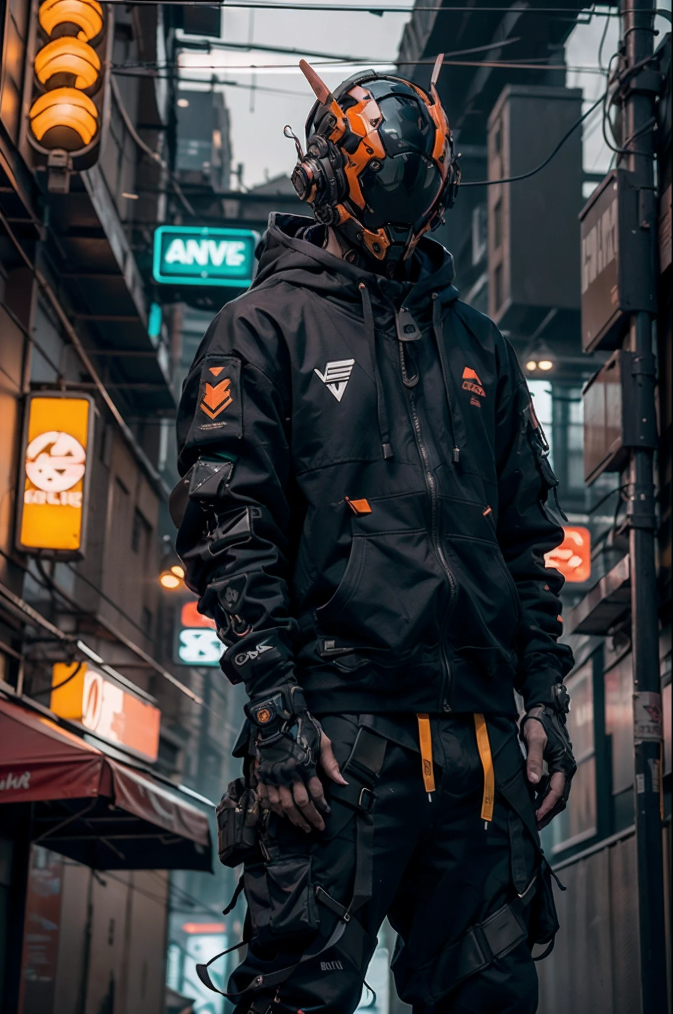 (obra maestra, plano de cuerpo completo, Intricate raw photography)Ciudadano cyberpunk, Oversized extra asymmetrical black hoodie, pantalones cargo negros, ropa negra, oscura, tactical gloves, el lleva puesto un cyberhelmet futurista color negro de alta tecnologia, brillante, algo parecido a daftpunk,  muy intrincado, Small LED details, Advanced technology closed helmet, ambiente oscuro, dramatico, luz y sombra, ((Kinematic, Black neon,))  action film, nitidez, neon-noir ciudad moderna, street neon lights, calle oscura, noche, foto de Insta, Photo of the Year, Epic resolution, Epic Quality, Epic sharpness, Intrincada epopeya,urban techwear,Reelmech