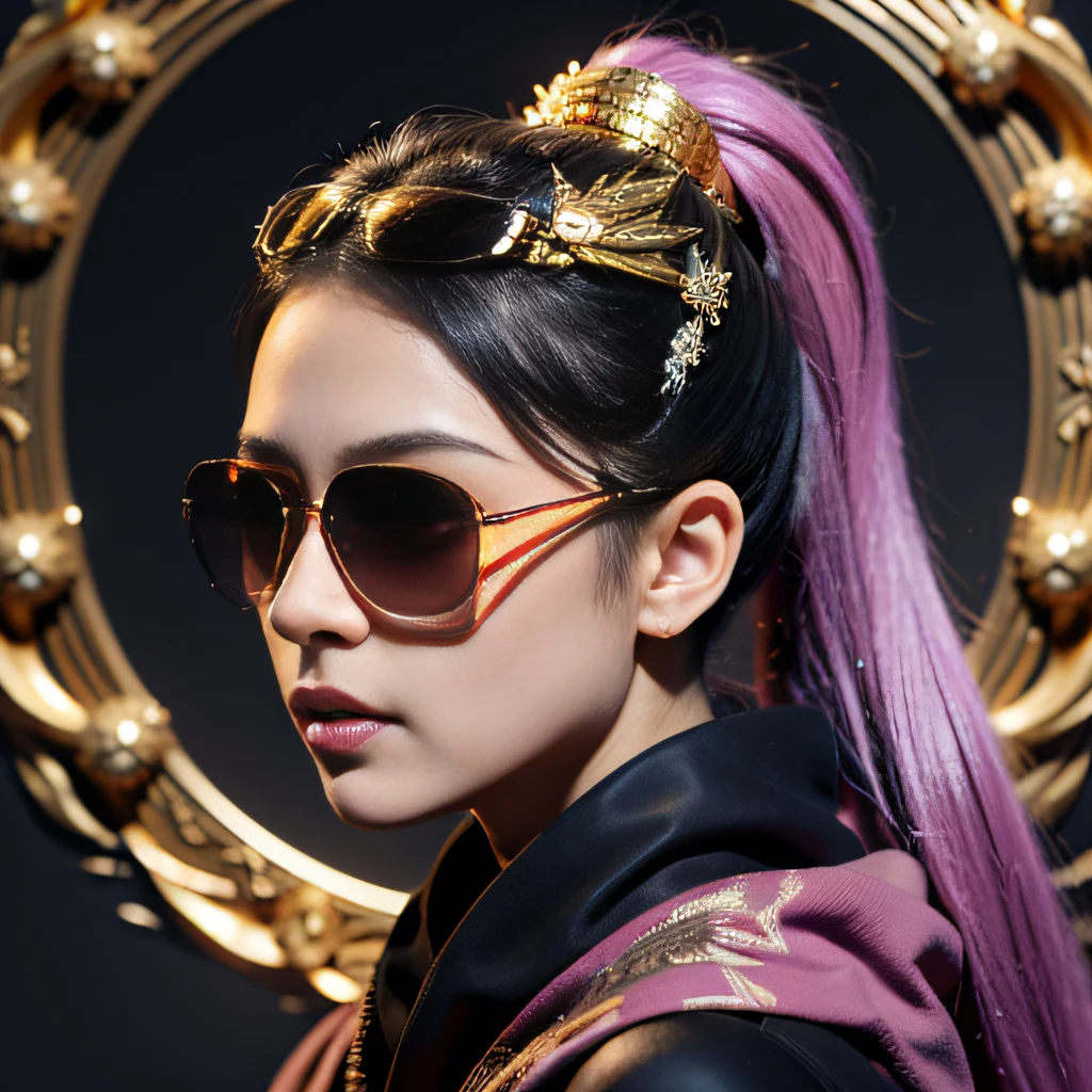 On a snowy morning,32K(tmasterpiece,k hd,hyper HD,32K)Purple-pink double ponytail,flower stick,Indigo Skull King ,Mahogany steering wheel (The skeleton is realistic:1.4),Crocodile pattern robe,Rusty skull ornaments,Sargin linen cloak,Petals flutter,Deep gold sunglasses,Hold your head high,Be proud,The nostrils look at people,A primary and secondary school student, A high resolution,Xueba, the detail, RAW photogr, Sharp Re, Nikon D850 Film Stock Photo by Jefferies Lee 4 Kodak Portra 400 Camera F1.6 shots, Rich colors, ultra-realistic vivid textures, Dramatic lighting, Unreal Engine Art Station Trend, cinestir 800,Hold your head high,Lateral face,Be proud,The nostrils look at people,Tsundere,Petals flutter,Petals flutter,Crocodiles sprinkled with gold dust,Fluttering,Impeccable,( reasonable design, Clear lines, High sharpness,Best quality, Very detailed skeleton, The skeleton of a masterpiece, offcial art, movie light effect, 8K crocodile skeleton(((Platinum marble sunglasses)))Deep gold sunglasses,side portrait