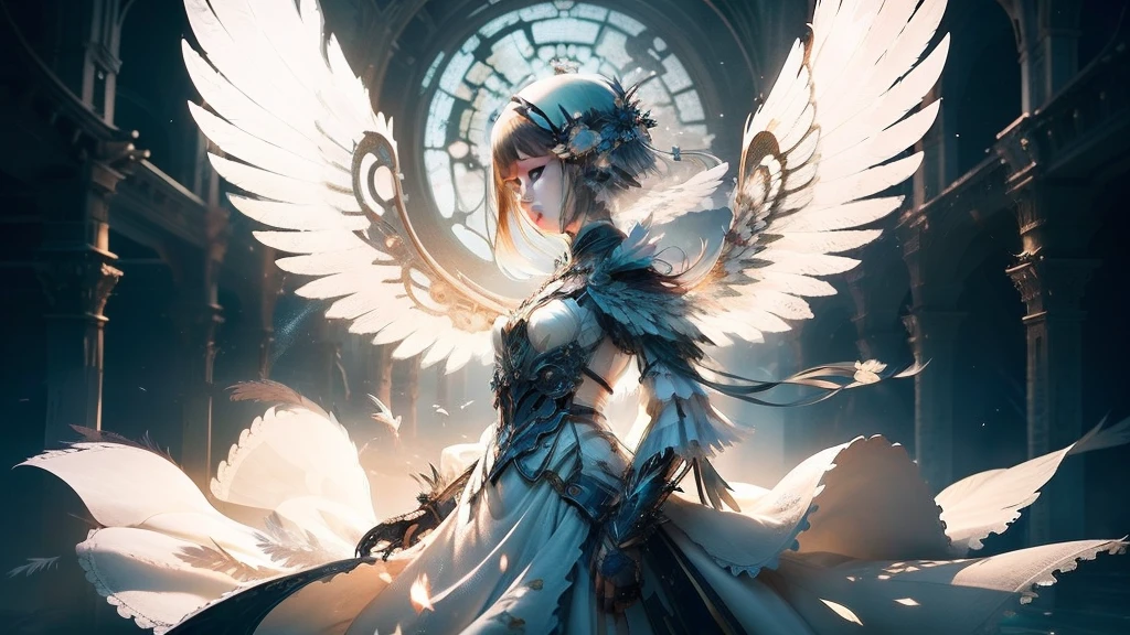 Girl with mechanical wings stands in a white world、Take a prayerful posture。Gears and feathers with copper parts sway in the wind、Reflect light。In a tranquil landscape、Her figure shines as a mysterious being。Machinery and nature、The scene where mysteries intersect、Evokes deep impressions and stories in the heart。The girl's outfit is a white dress