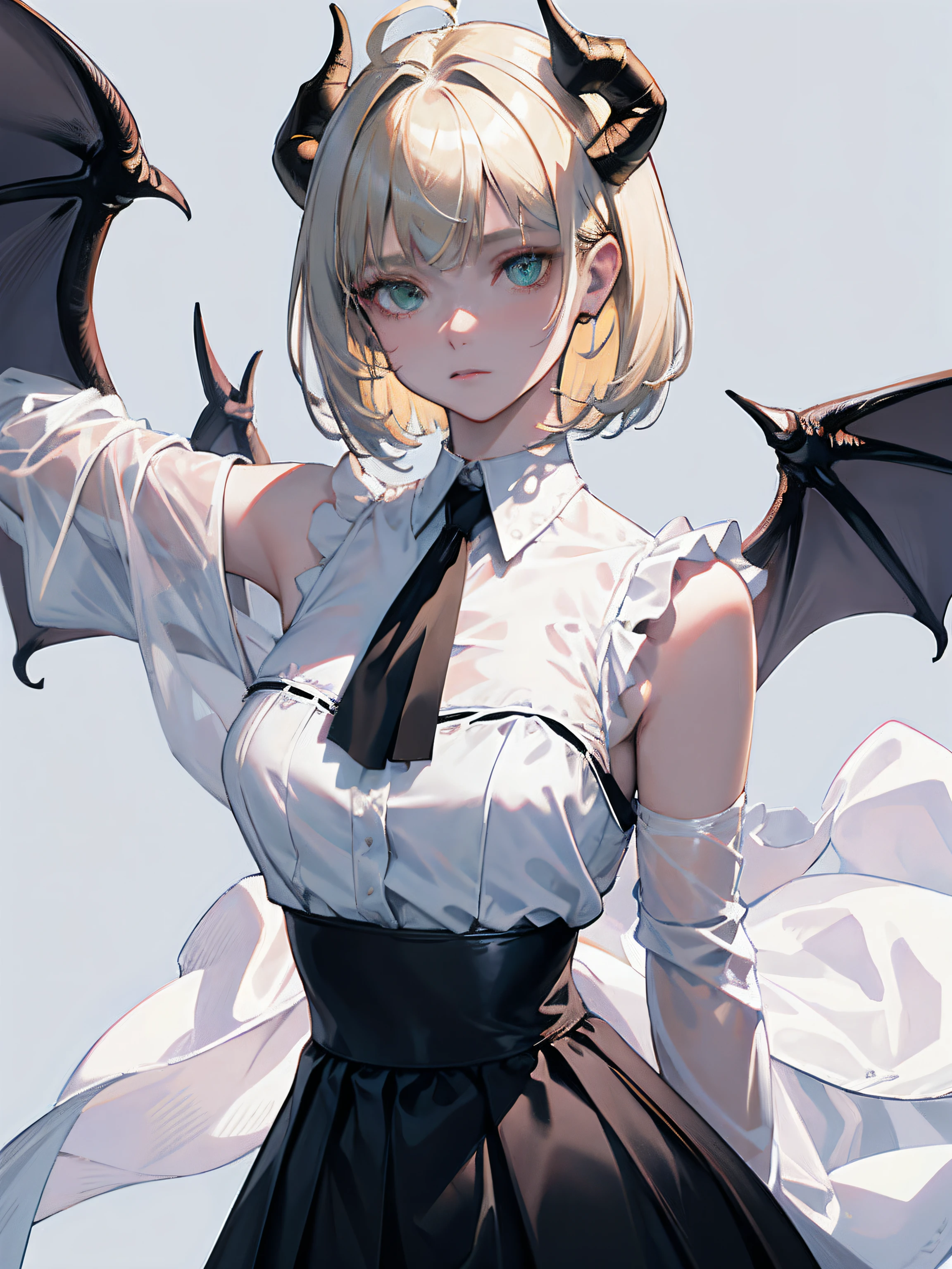 ((masterpiece, best quality)), (1girl), (solo), (female focus), (ahoge, ash blonde hair, short hair), green eyes, ((white shirt), (buttoned shirt)), ((black skirt), (short skirt)), standing, white background, arms behind back, bat wings on the waist, sheep horns, sad eyes, cold facial expression, cold look, pale skin, colour grading, dark illustration, extreme quality, radiant, extremely detailed, ultra-detailed face, ultra hd 8k, ultra digitality, mythical, dark lightning, sleepy eyes, detailed hands