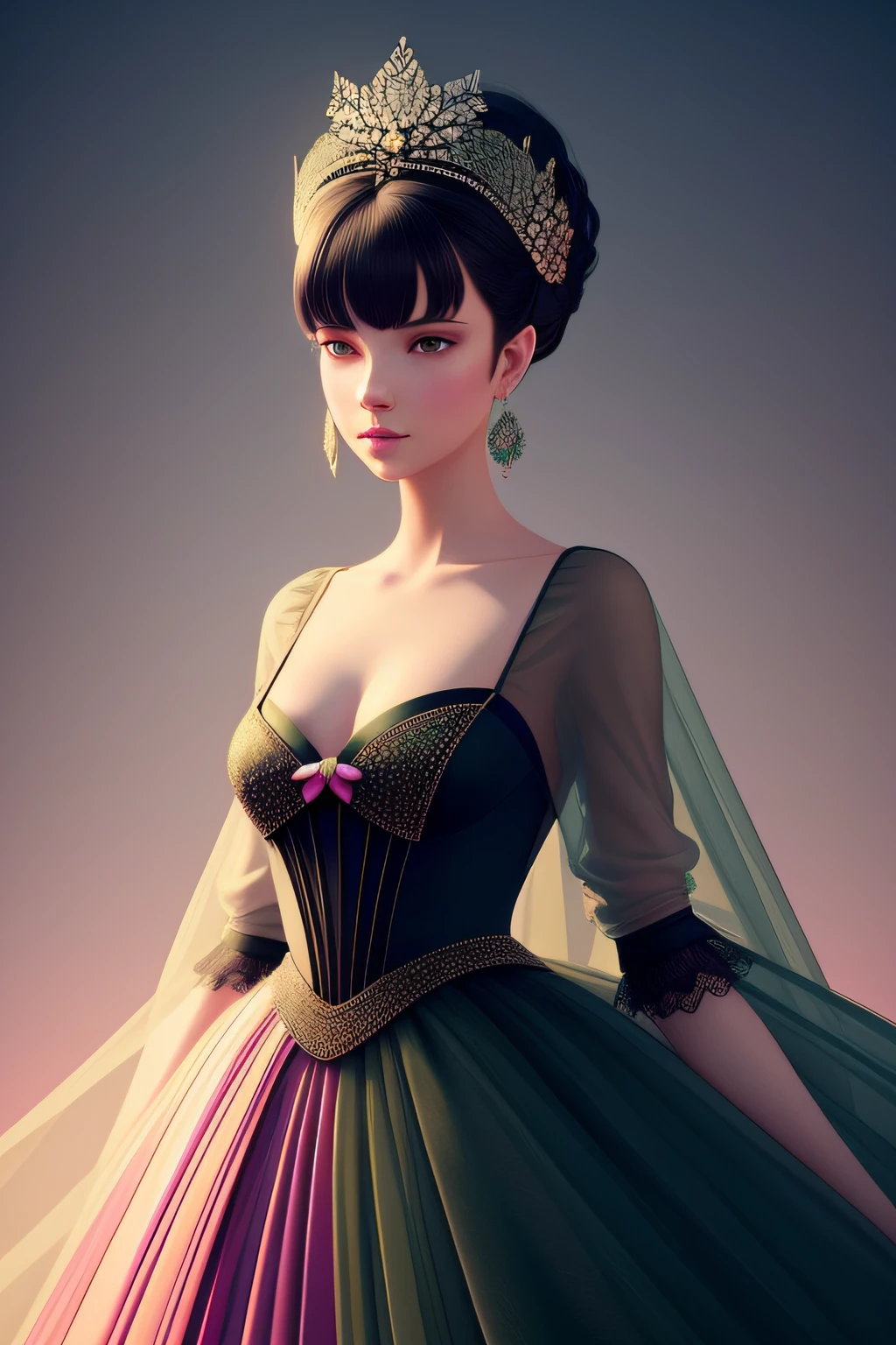 Under the oversized lotus stands a lady in a long light gauze dress, Brunette lady with glowing tulle dress, inspired by Igor Kieryluk, It is covered with fleshy green and pink, Black light background，under moonlight，inspired by Wadim Kashin, by Russell Dongjun Lu, inspired by Yanjun Cheng, inspired by Hsiao-Ron Cheng, Beautiful digital artwork, inspired by Ray Caesar
