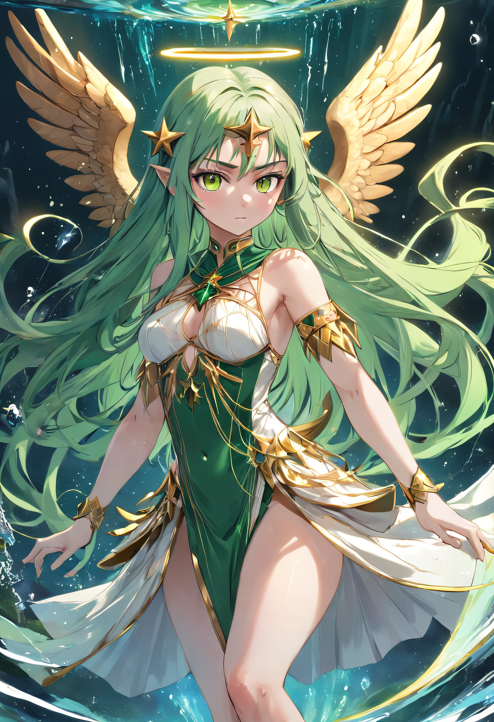(((Archangel's long green hair, magia (masterpiece, Superior Quality, Better Quality, offcial art, Beautiful and aesthetic: 1.2), (1girl in:1.3), (Fractal art:1.3), very extremely beautiful, Star Hair, Cleopatra clothing, myth, Fairy Crown, archery, Water Fund, look at viewr, angry expressions, carismatic, delicate clothes, bare shoulders, Shootout, Green Detail, Yellow and white, Dress Details, delicate paws, full bodyesbian, Pink Power Magic, the wind, water world, starfish, Delicate hand, foam, Water Magic Wand, aqua, Covered legs, Stars on feet, water magic, Powerful bubbles, Green Energy)))