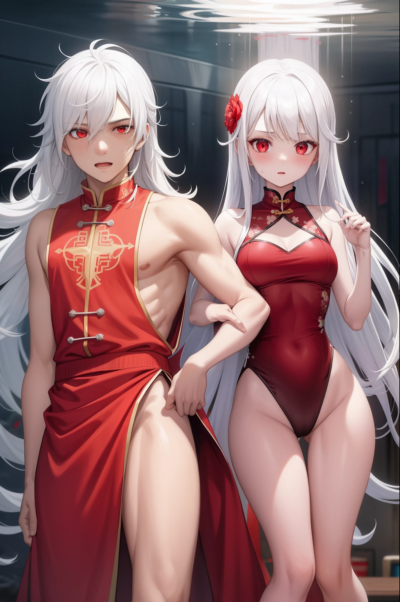 1 girl with long white hair, 1boy wears a red shirt, red eyes, silver hair, creampie, sex from behind ,Spread legs,vaginal , juice, The ocean is full of water,Broken flower clothes,on cheongsam,Undersea Banquet