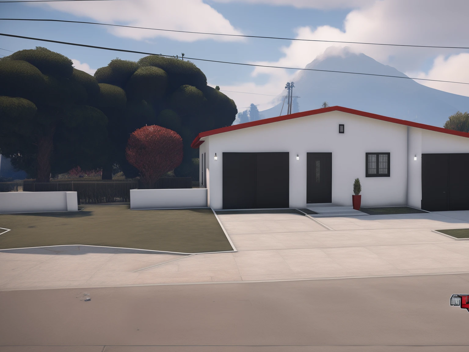 There is a white house with a red roof and a red roof, ((GTA 5 Casa Screenshot)), semi-realistic rendering, Renderizado no Lumion Pro, [ Fotorrealismo 4K ], altamente renderizado!!, Captura de tecido fotorrealista, renderizado em lumion, fully detailed render, renderizado em unreal engine 3d, realista estabelecendo tiro, [ Fotorrealismo 4K ]!!!