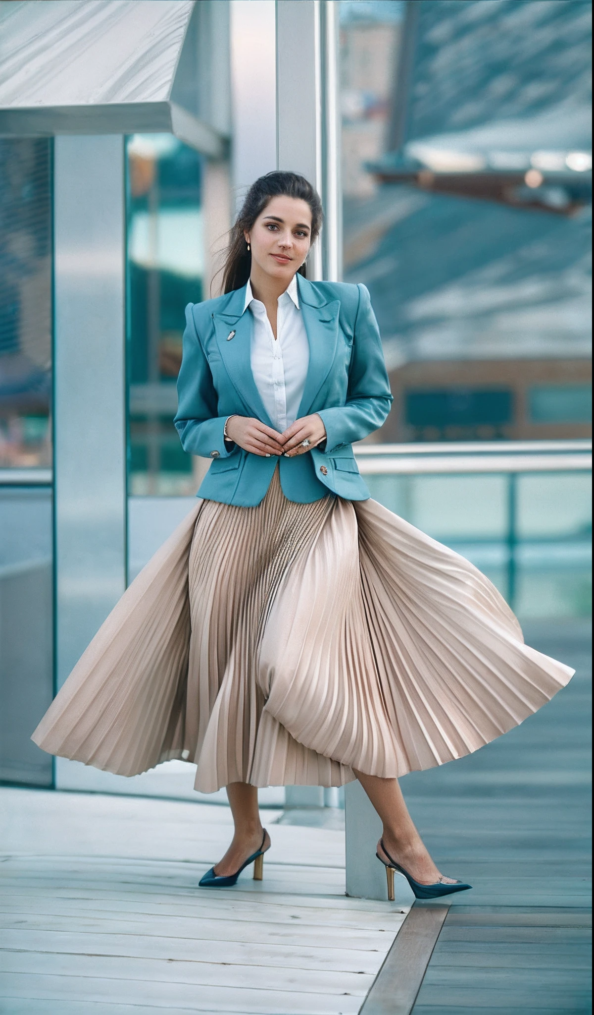 year 1994, lesbian space therapist, very (flirty:1,5) smiling good women wearing a short blazers and very very detailed (long (fully pleated) full circle skirts) and (simple) low heeled office shoes, very very intricate hyper-detailed symmetric (attractive graceful young feminine faces) with (sad, tired eyes and a shy smile), large breasts, full of empathy and compassion and love, (pronounced (feminine) features), (highly detailed ultra accurate realistic) hands and fingers, (windy conditions and wind blowing), epic composition, highly detailed attributes, highly detailed atmosphere, (35mm f1.4 Kodak portra 400 photograph), extremely high quality RAW photograph,