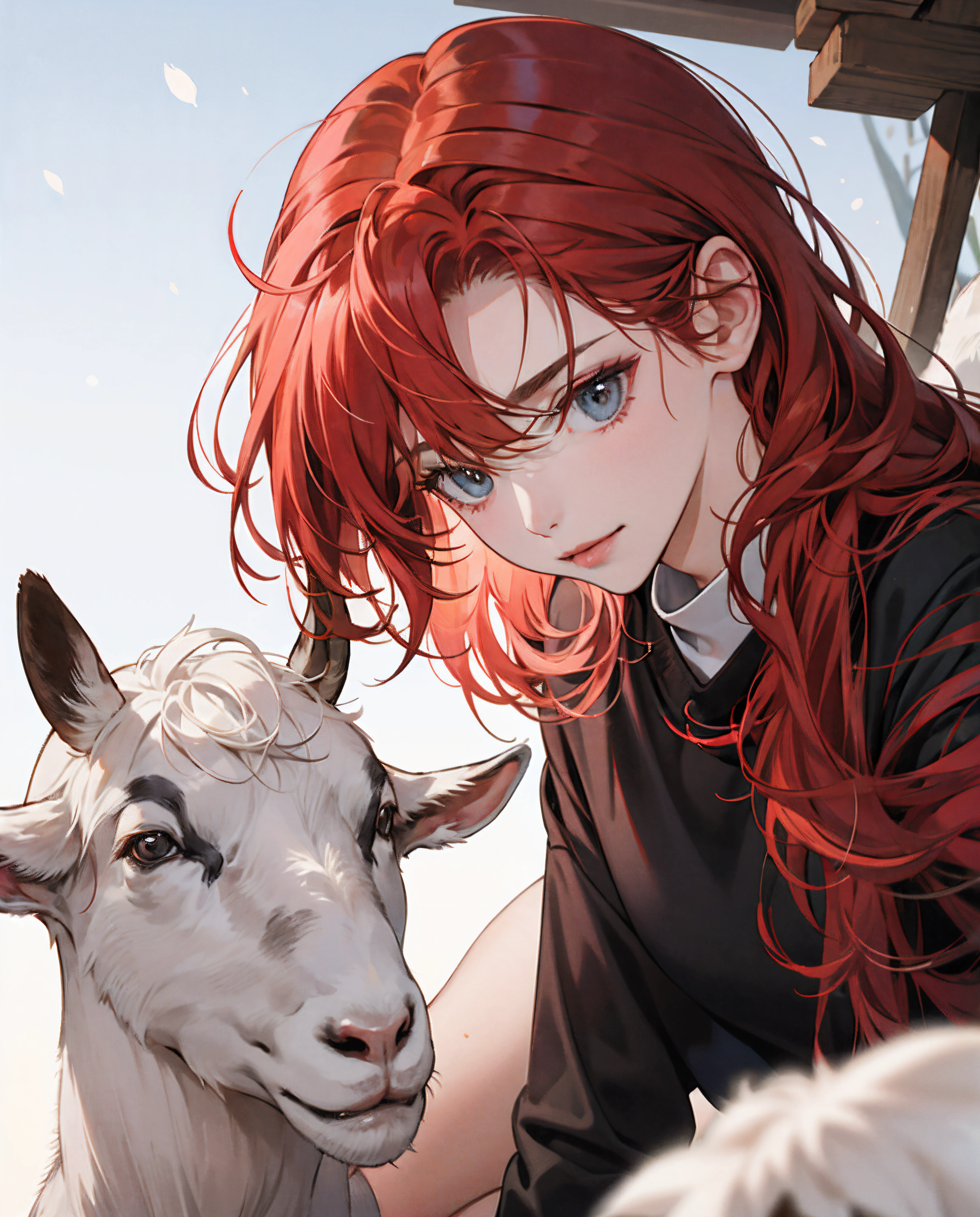 Red-haired girl and goat