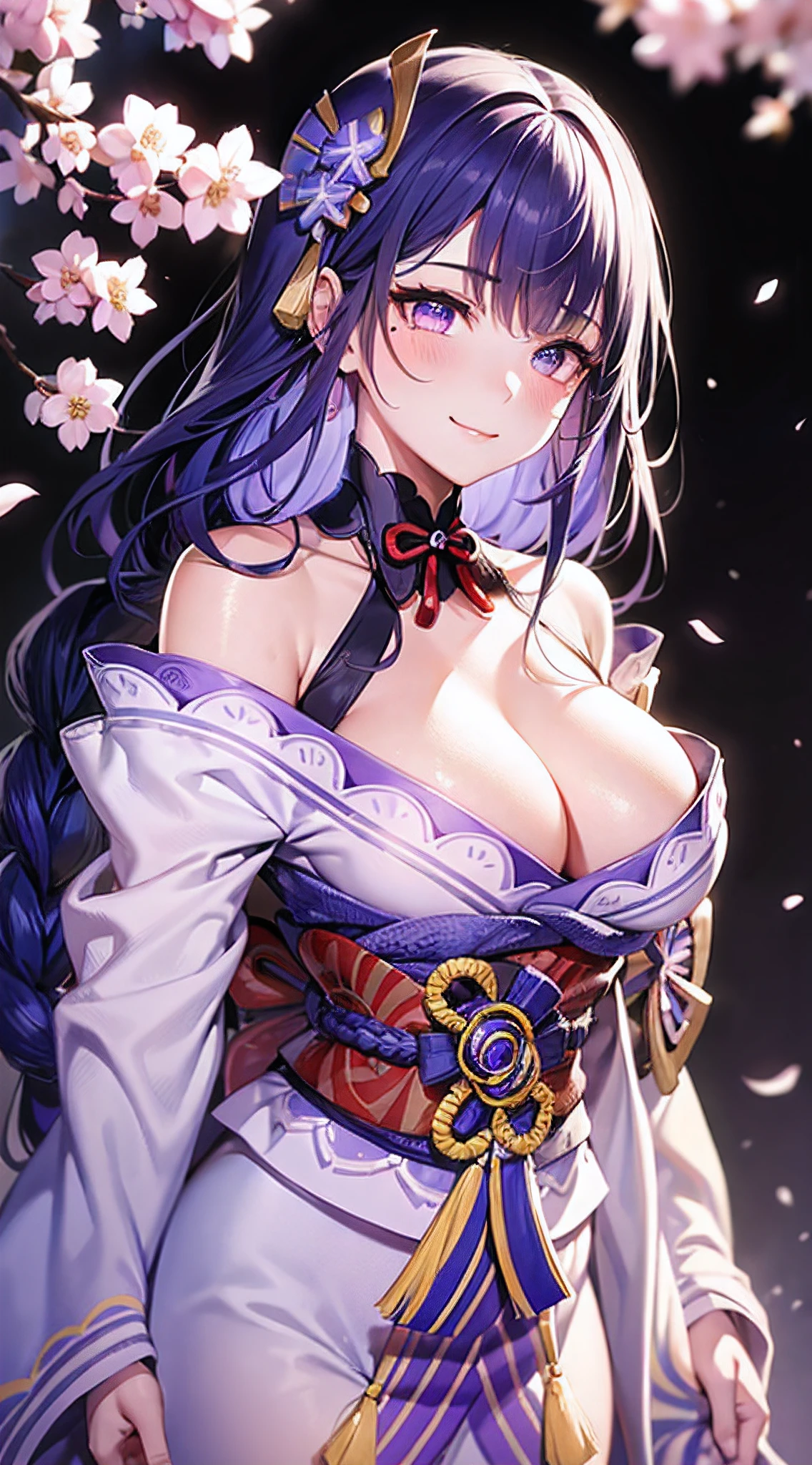1gril, solo, beautiful female, (breast focus), (breasts out:1.1), medium breasts, outdoor, cherry blossom, wind effect, gradient hair, blue hair, purple hair, lonely, ray tracing, reflection light, natural light, depth of field, close-up, masterpiece, best quality, high details, high quality, accurate, textured skin, UHD, RTX, (blushing:1.2), beautiful smile, beautiful eyes, detailed eyes, gradient colorful eyes, glowing eyes, ((Raiden Shogun)), full body