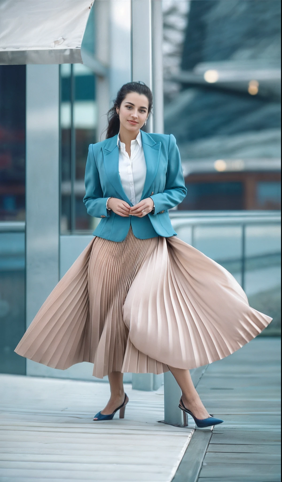 year 1994, lesbian space therapist, very (flirty:1,5) smiling good women wearing a short blazers and very very detailed (long (fully pleated) full circle skirts) and (simple) low heeled office shoes, very very intricate hyper-detailed symmetric (attractive graceful young feminine faces) with (sad, tired eyes and a shy smile), large breasts, full of empathy and compassion and love, (pronounced (feminine) features), (highly detailed ultra accurate realistic) hands and fingers, (windy conditions and wind blowing), epic composition, highly detailed attributes, highly detailed atmosphere, (35mm f1.4 Kodak portra 400 photograph), extremely high quality RAW photograph,