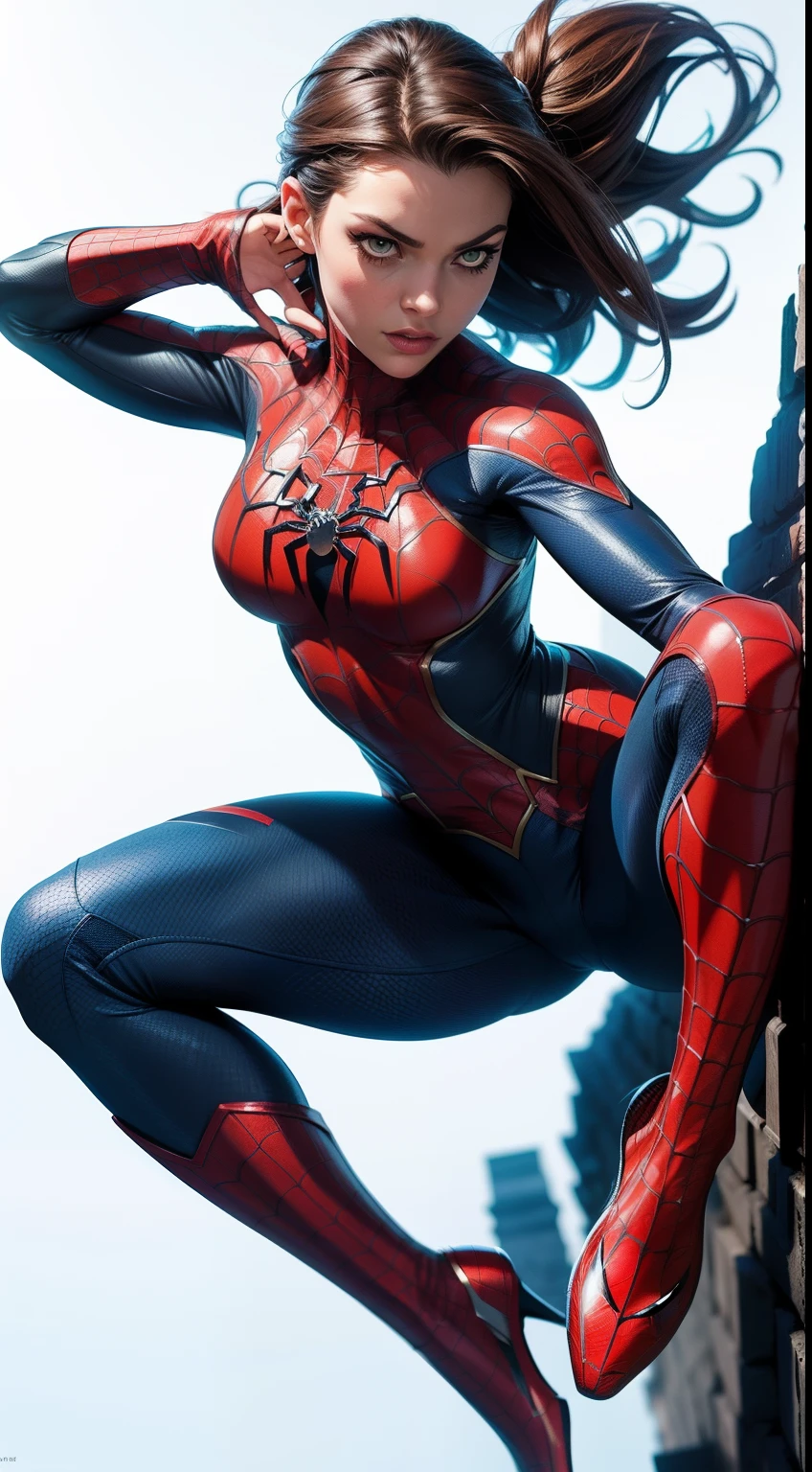 Spider Girl from Marvel Comics, fantasy setting, Dynamic poses, whitebackground, Character concept, character art, Character portrait, tmasterpiece, beste-Qualit, best resolution, 8K