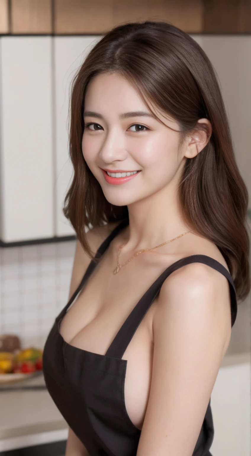(Best quality, 8k, masterpiece: 1.3), a beautiful woman with perfect figure: 1.4, dark brown hair, wearing a pendant, wearing an apron, in the kitchen, highly detailed face and skin, detailed eyes, double eyelids, big breasts, smile