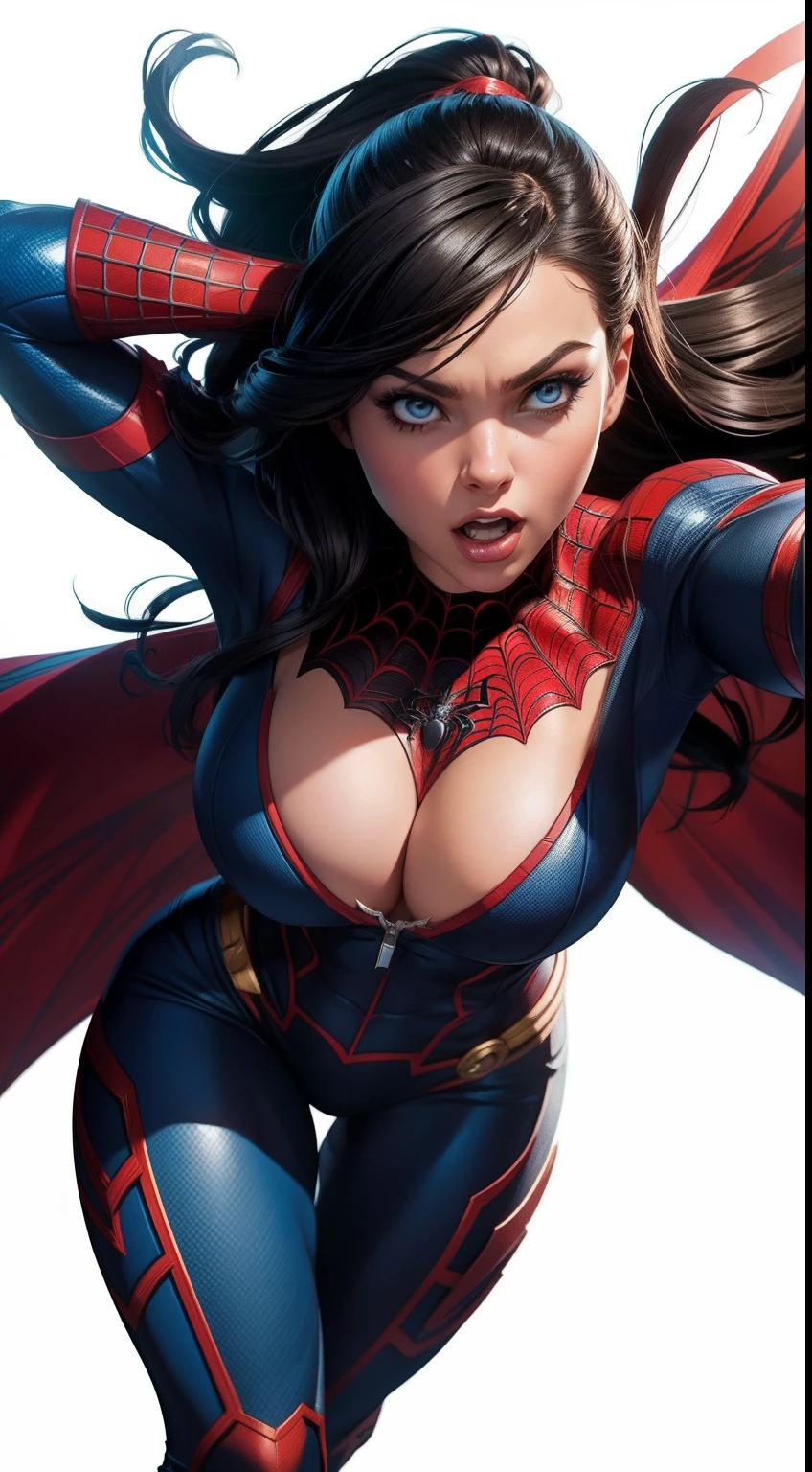 Spidergirl (big tits) from Marvel Comics, fantasy setting, Dynamic poses, whitebackground, Character concept, character art, Character portrait, tmasterpiece, beste-Qualit, best resolution, 8K