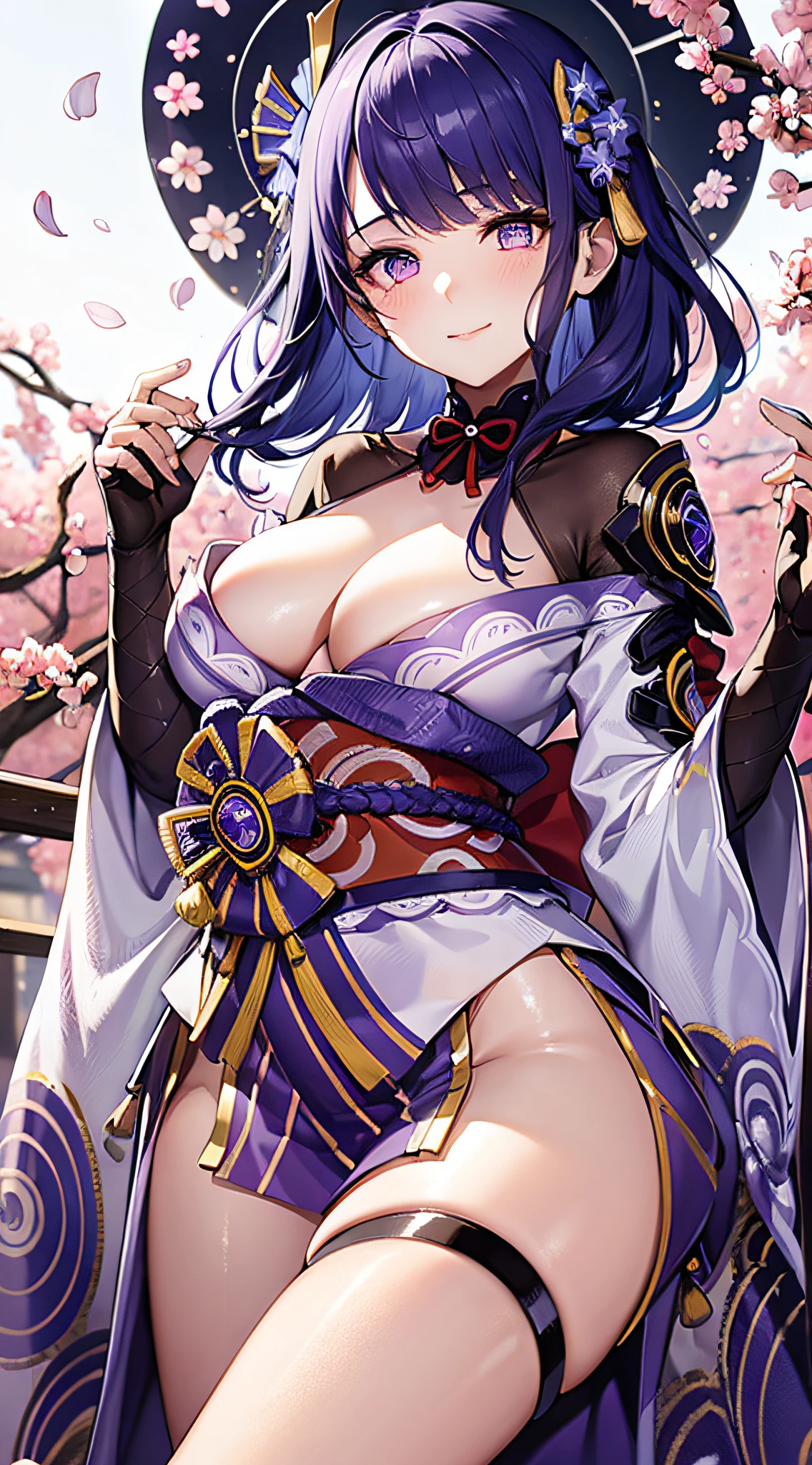 1gril, solo, beautiful female, (breast focus), (breasts out:1.1), medium breasts, outdoor, cherry blossom, wind effect, gradient hair, blue hair, purple hair, lonely, ray tracing, reflection light, natural light, depth of field, close-up, masterpiece, best quality, high details, high quality, accurate, textured skin, UHD, RTX, (blushing:1.2), beautiful smile, beautiful eyes, detailed eyes, gradient colorful eyes, glowing eyes, ((Raiden Shogun)), full body