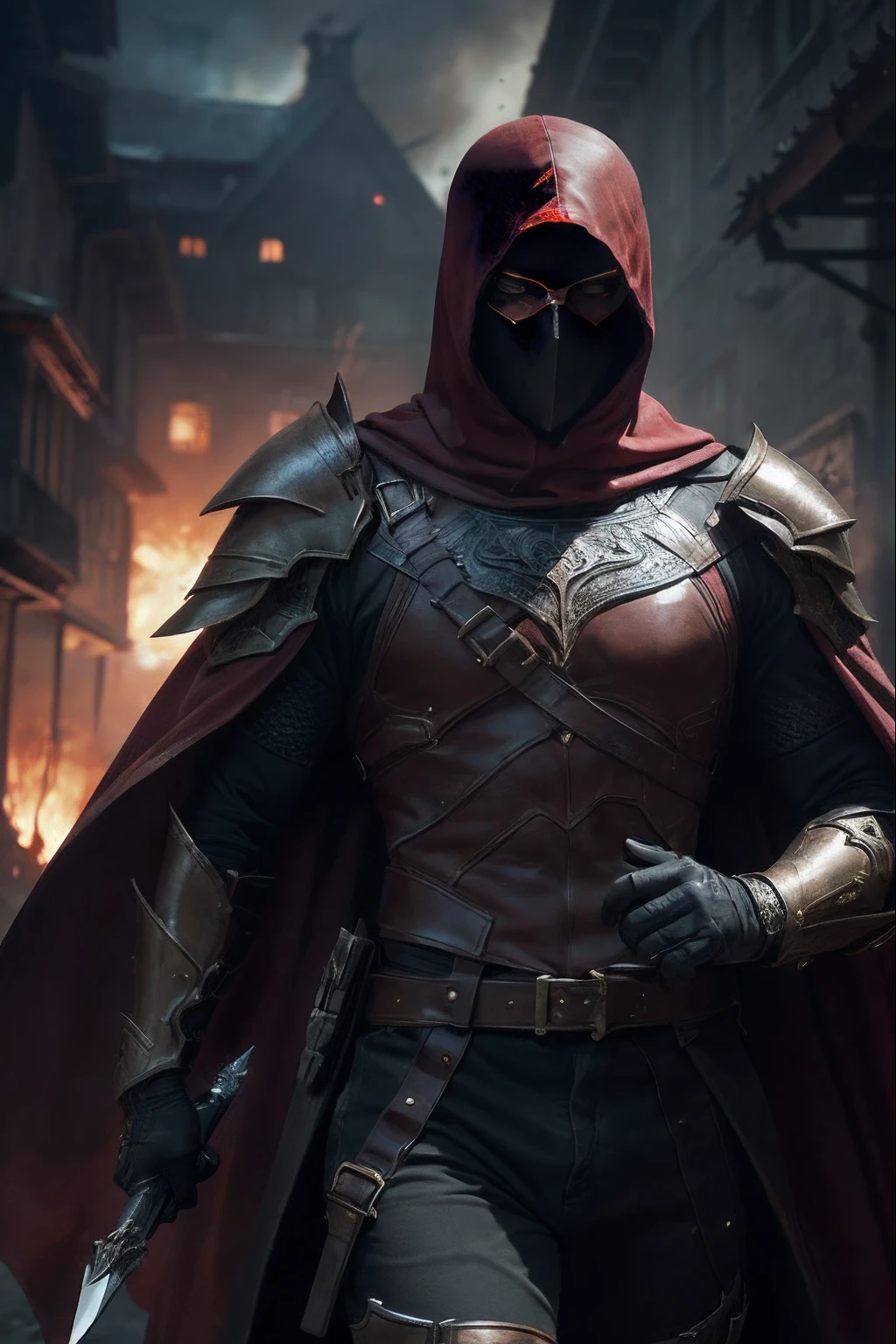 (ultra-detailed CG unity 8k wallpaper, masterpiece, best quality, depth of field, HDR, intricate), tall sinister dark killer wearing a metal mask with bright red eyes of dark and light armor with a discreet red cape behind with sharp daggers in his arms walking in a burning village, (intricate: 1.4) (masterpiece: 1.4) (illustration: 1.4), red studio lighting, post-processing, 8k resolution, dark background, imposing, meticulously composed photos, impressive, dark fantasy (by Greg Rutkowski: 1.2), (by daarken: 1.5)