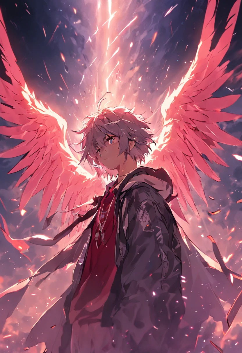 realistic, 4k, an angel with big wings, a sword, a hood over his head in the background image of a war (chaos)