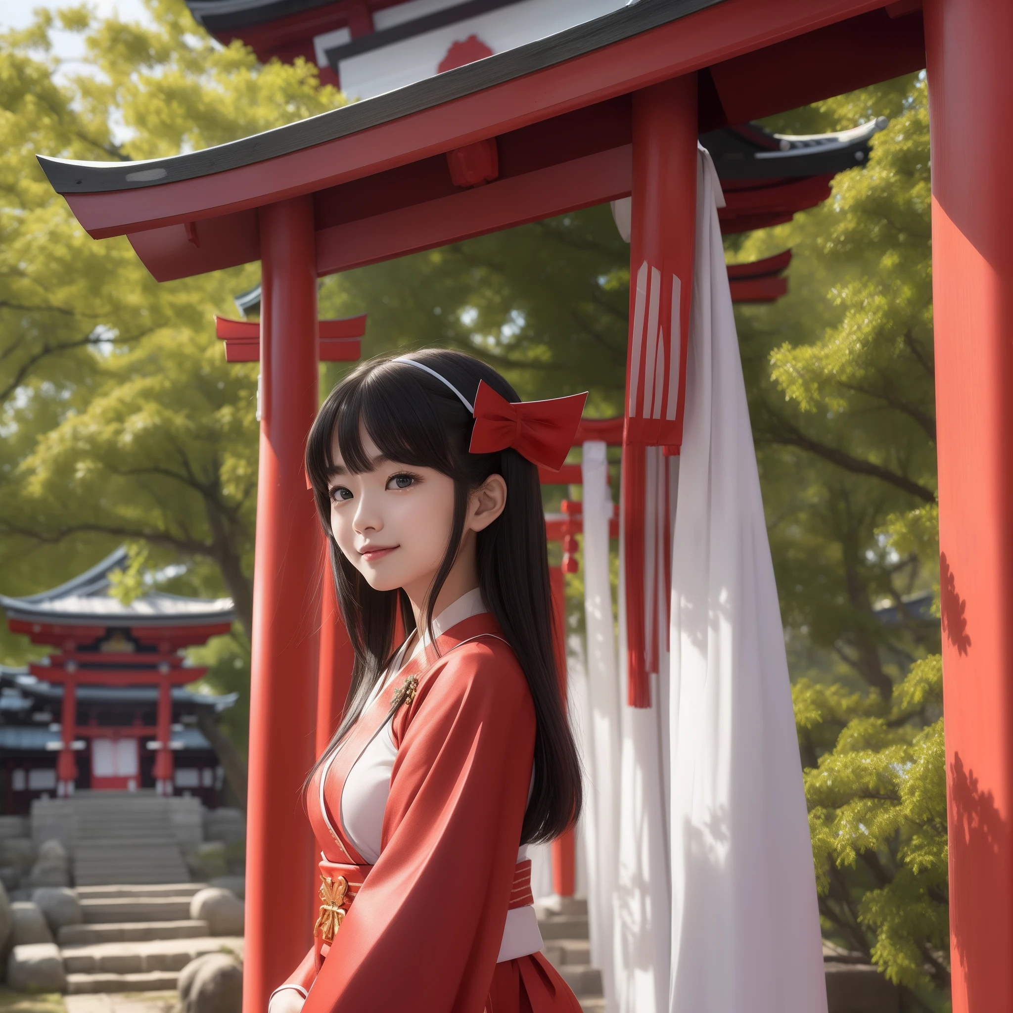 ((shrine maiden、shrines、A slight smil、top-quality、8k、​masterpiece:1.3))、foco nítido:1.2、Beautiful woman with perfect body:1.4、slim abdomen:1.2、huge tit:1.2、 Highly detailed facial and skin texture、  A detailed eye、二重まぶた
