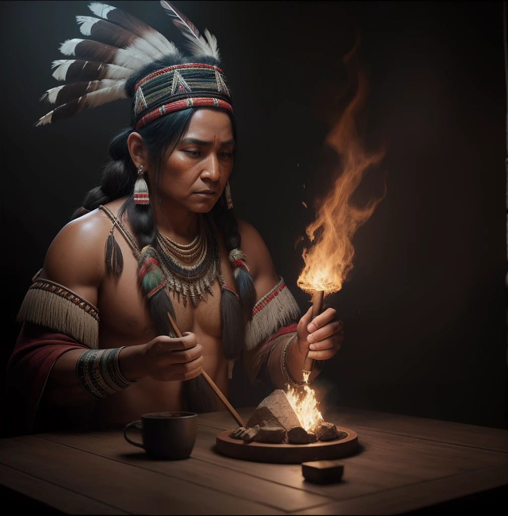 Create the dramatic lighting image of a Native American perfect Indian fingers, perfect hands,  of 80 years with indigenous war painting,  traje nativo americano, It only has as a fudo cloth a scenario of mystery and magic with a lot of mysticism, digital art trending on Artstation 8k HD high definition detailed realistic, circunstanciado, textura da pele, hiper detalhado, textura de pele realista, armadura, melhor qualidade, ultra high-resolution, (fotorrealista:1.4), high resolution, circunstanciado, Foto RAW, sharp re, by Lee Jeffries Nikon D850 film Stock Photography 4 Kodak Portra 400 camera F1.6 lens rich colors hyper realistic lifelike texture dramatic lighting unrealengine trending on artstation cinestill 800,