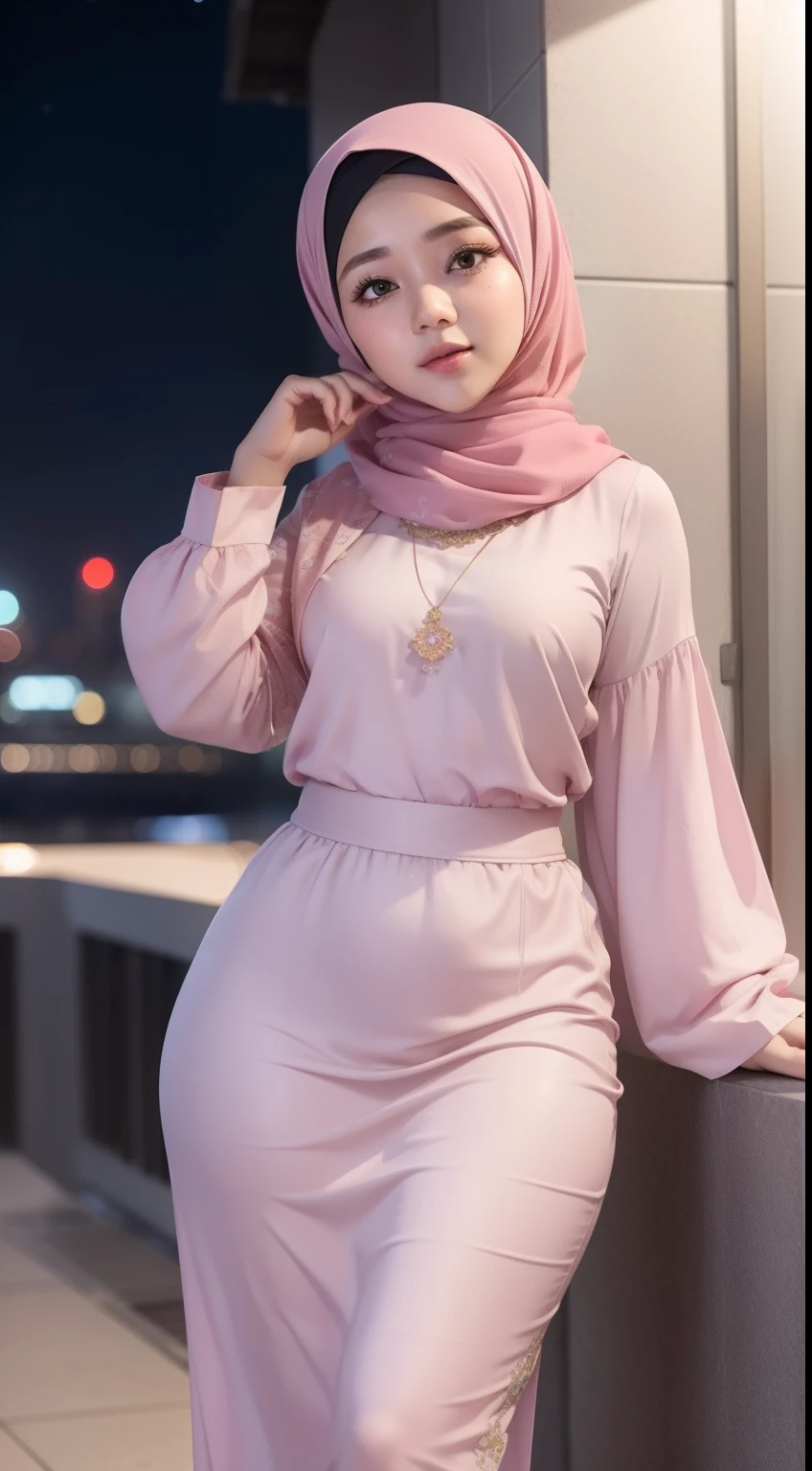 mira filzah standing sexy seducing pose, nighttime city, (mira filzah:1.3), wearing hijab, pastel color hijab, pink baju kurung, wear pink pastel baju kurung, small tits, small breast, flat chest, wide waist, thick thighs bright lighting,