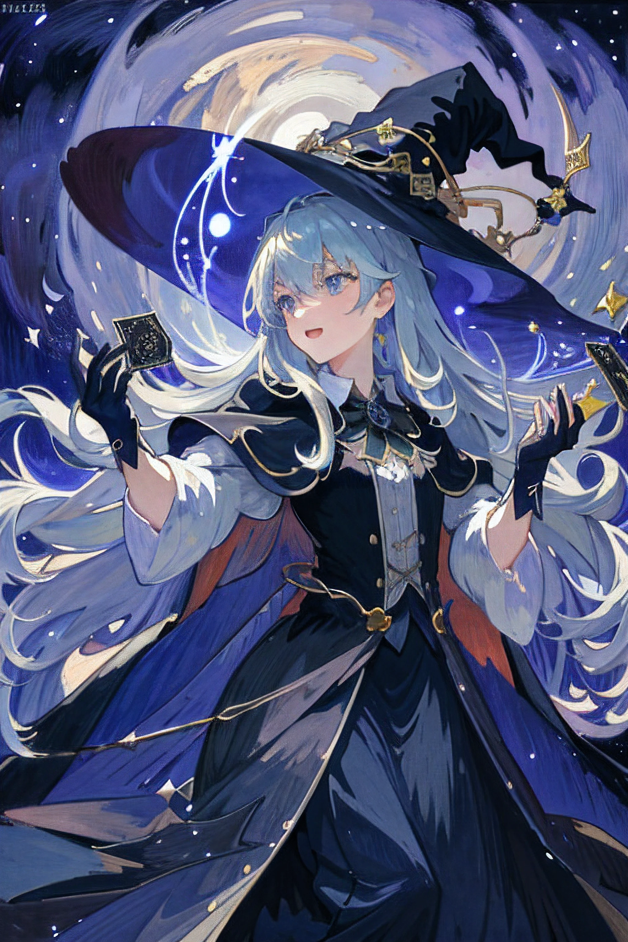 ((masterpiece:1.2, best quality)), 1girl, solo, (witch hat), blonde hair, long hair, dress, aurora, night, star (sky), gloves, sky, white dress, night sky, open mouth, starry sky, blue eyes, ribbon, very long hair, red dress, smile, hair ribbon, cape, blue hair, (bird), magic, casting spell, dark clouds, night, (impressionism:1.4), (tarot:1.3), alphonse mucha,