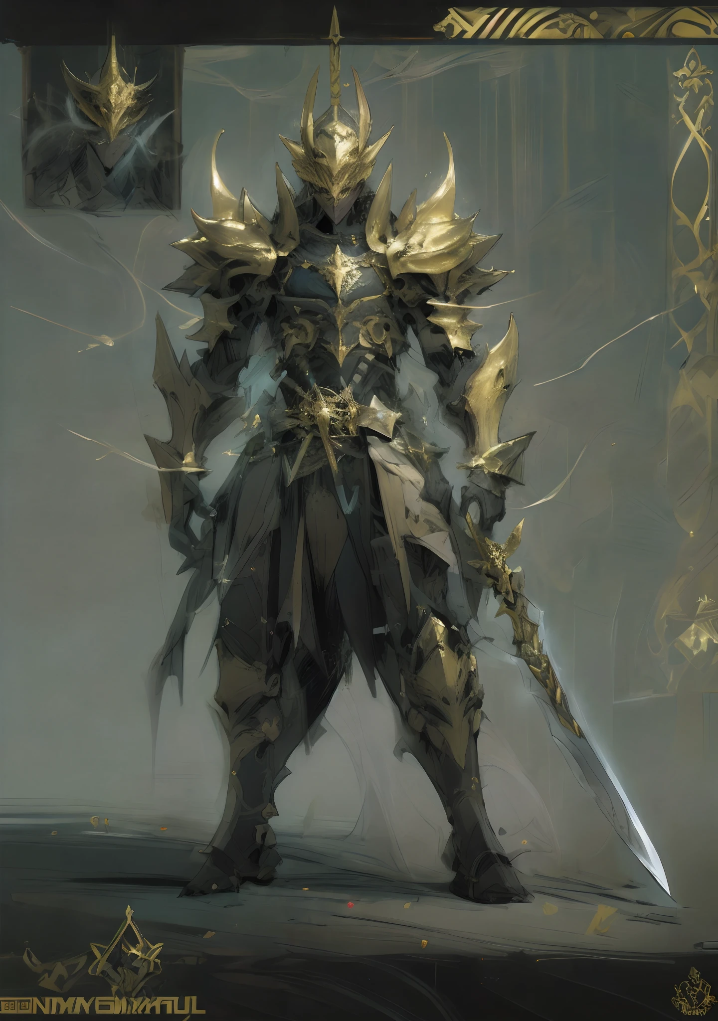 Design a layout showcase Gameing Character, a Warrior. Golden+Black armor, stylish and unique. Detailed huge sword. (masterpiece:1.2), (best quality), 4k, ultra-detailed, (dynamic composition: 1.4), Step by step design, layout art,(luminous lighting, atmospheric lighting), gloomy, magical, (((glove full hands))),