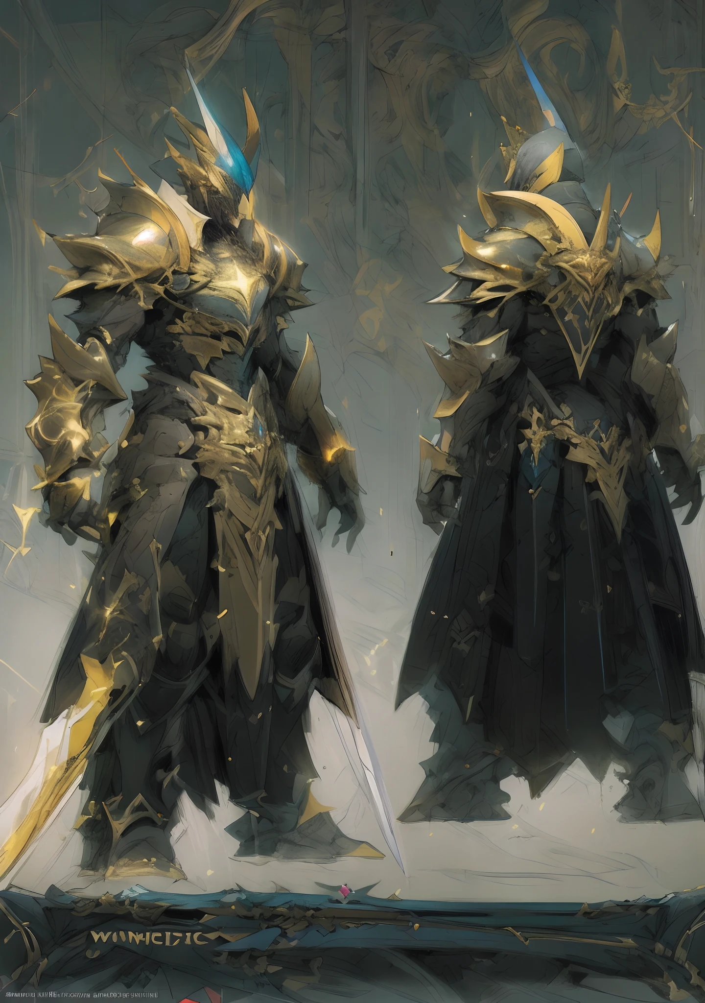 Design a layout showcase Gameing Character, a Warrior. Golden+Black armor, stylish and unique. Detailed huge sword. (masterpiece:1.2), (best quality), 4k, ultra-detailed, (dynamic composition: 1.4), Step by step design, layout art,(luminous lighting, atmospheric lighting), gloomy, magical, (((glove full hands))),