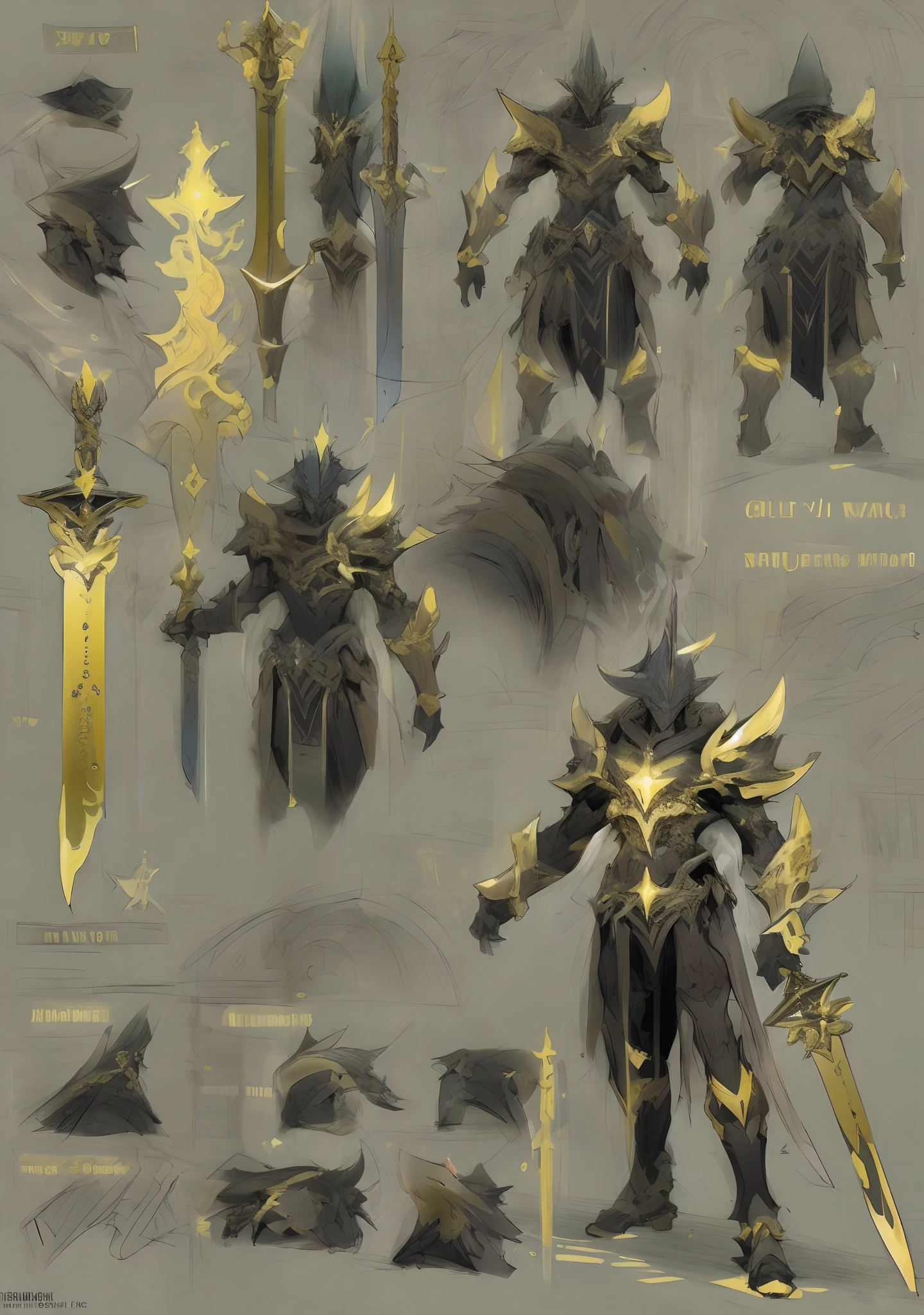 Design a layout showcase Gameing Character, a Warrior. Golden+Black armor, stylish and unique. Detailed huge sword. (masterpiece:1.2), (best quality), 4k, ultra-detailed, (dynamic composition: 1.4), Step by step design, layout art,(luminous lighting, atmospheric lighting), gloomy, magical, (((glove full hands))),