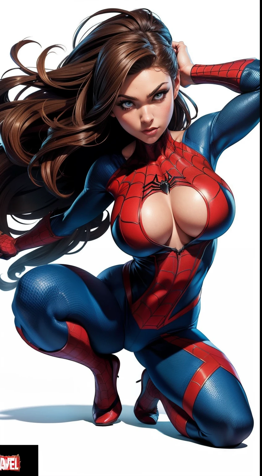 Spidergirl (big tits) from Marvel Comics, fantasy setting, Dynamic poses, whitebackground, Character concept, character art, Character portrait, tmasterpiece, beste-Qualit, best resolution, 8K
