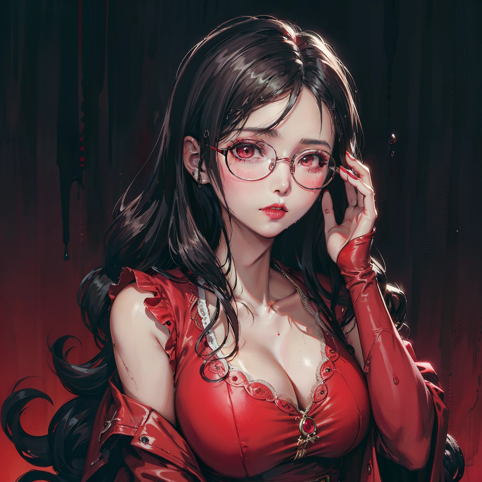 There is a woman with glasses , inspired by Elsa Bleda, thick glasses, Long wet hair dripping, With large round glasses, thick and red lips, solo portrait, Red dress, black jacket