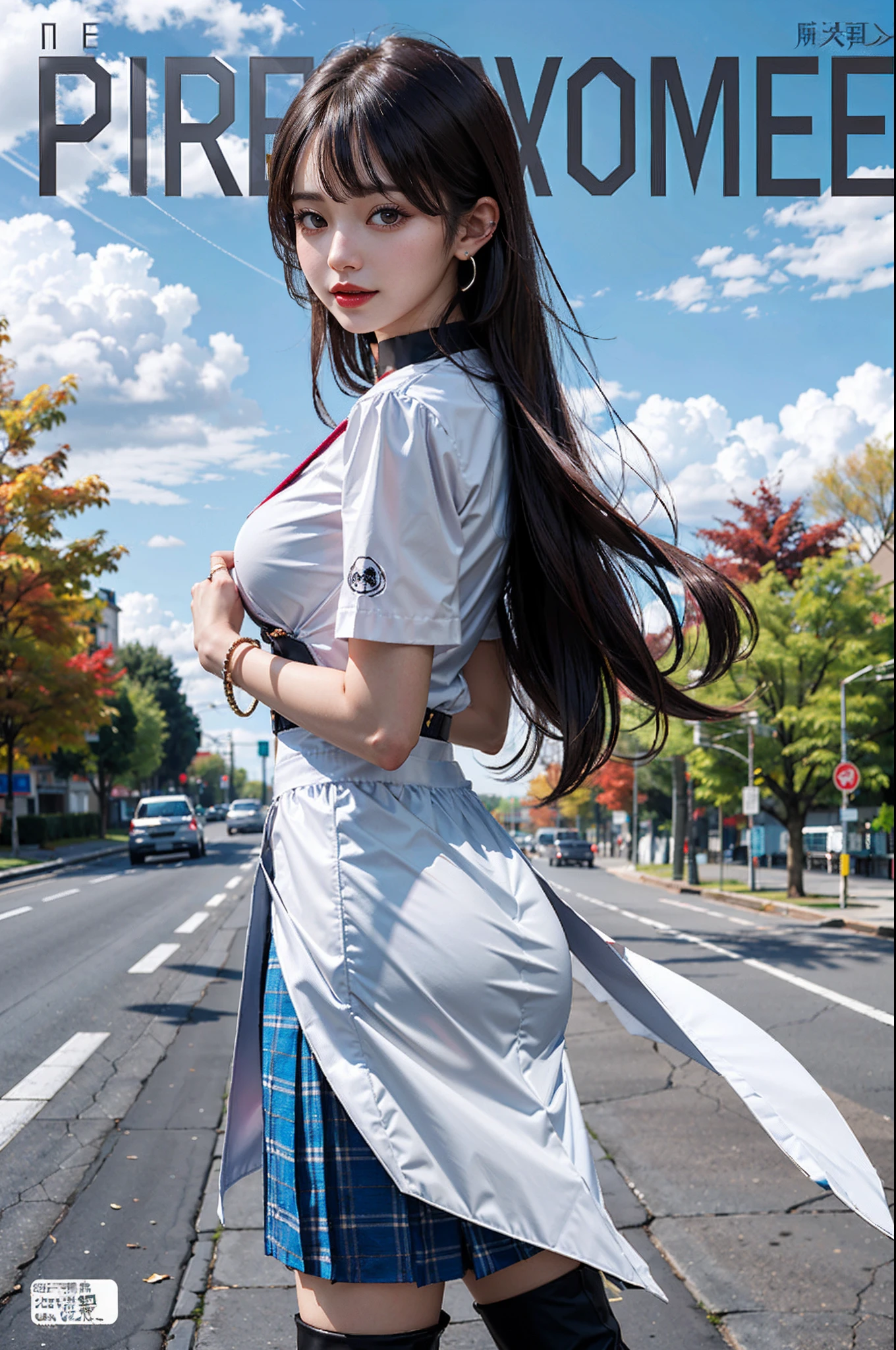 masterpiece, top-quality, full body Esbian, 1girl in, bangss, A dark-haired,, red blush, A bracelet, breastsout, Autumn outfit, 鎖骨, shirt with collar, cowboy shot, ear piercings, eyebrows visible through hair, gradation hair, Grinning, gals, jewely, Kogal, length hair, looking at the viewers, piercings, Plaid, skirt by the, long boots,Stockings,red eyes, the ring, The shirt, Fashionable autumn clothes, A smile, 独奏, a street, Skysky, mare, Colored leaves,Gingko tree, leaves falling,(MagazineCover:1.3), (cover-style:1.3), Fashionable, femele, with a vibrant, outfits, the pose, the front, Colorful, Dynamic, Background with, element, self-assured, expresive, ngel, statement, accessorized, An majestic, coil, surroundings, Touch, The scene, Texto, covers, It's bold, captures the attention, Titles, Stylish, Font, It's catchy, headline, The large, Impressive, moderno, Trendy, Focus, lo fashion,