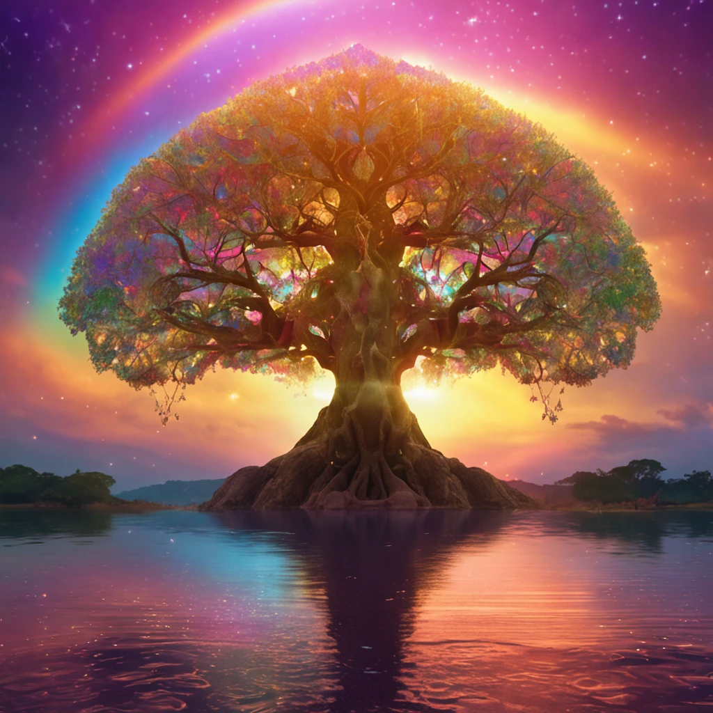 Bodhi tree, symbol of Buddhism, iridescent in rainbow colors, with a golden aura around him with a very bright divine light descending from the sky, High Definition Image, detalhamento alto e estilo fotorrealismo. Imagem com pelo menos 300 dpi, UHD 8k