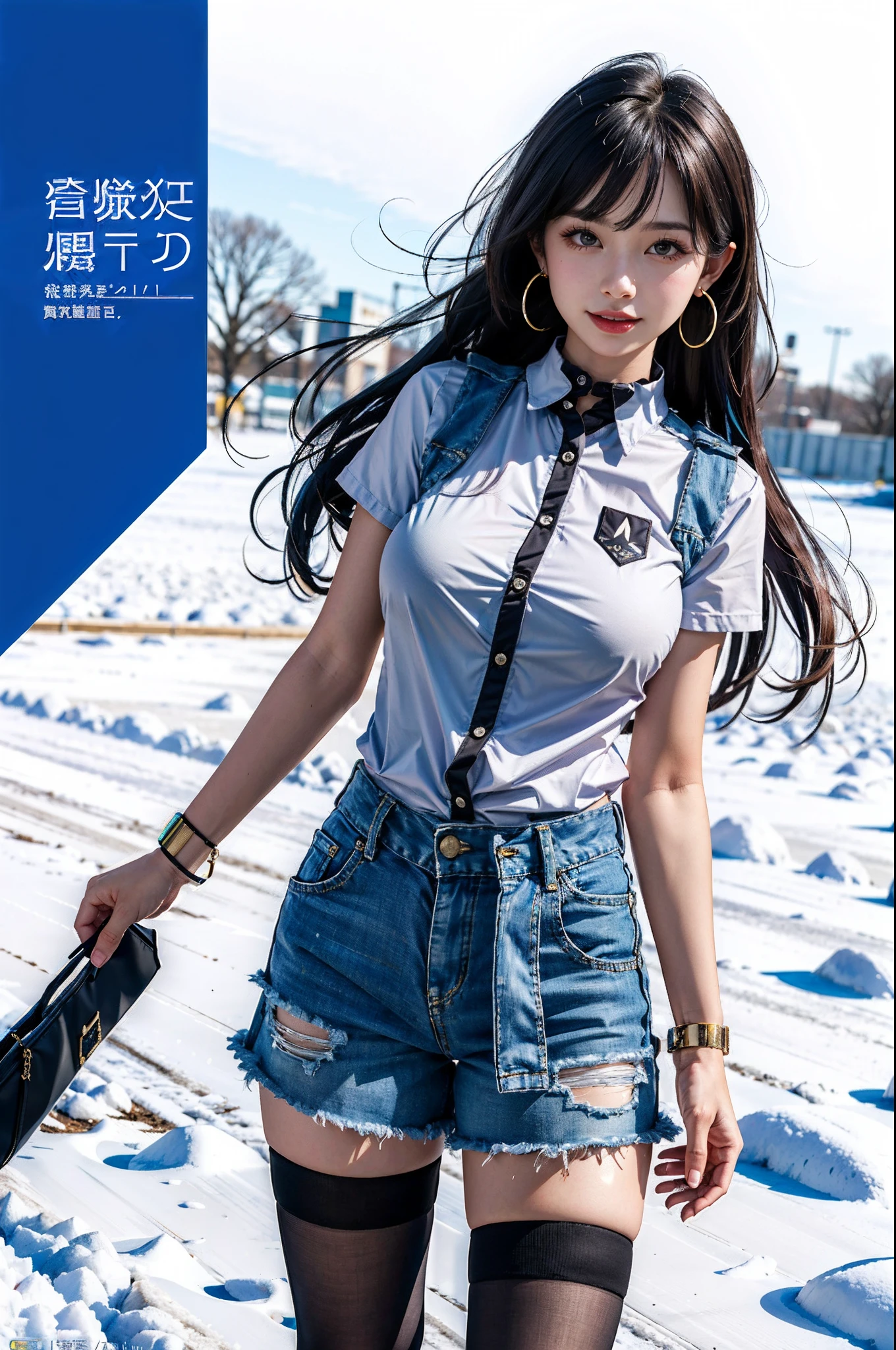 ​masterpiece, top-quality, full body Esbian, 1girl in, bangss,  A dark-haired,, red blush, A bracelet, breastsout, Clothing around the waist, 鎖骨, shirt with collar, cowboy  shot, ear piercings, eyebrows visible through hair, gradation hair, Grinning, gals, jewely, Kogal, length hair, looking at the viewers, piercings, Plaid, Down jacket,muffler, long boots,Sweaters,Stockings,red eyes, the ring, The shirt, Fashionable idol costumes, A smile, 独奏, a street, Skysky, mare, Winter flowers,Snow Dharma,Yuki, (MagazineCover:1.3), (cover-style:1.3), Fashionable, femele, with a vibrant, outfits, the pose, the front, Colorful, Dynamic, Background with, element, self-assured, expresive, ngel, statement, accessorized, An majestic, coil, surroundings, Touch, The scene, Texto, covers, It's bold, captures the attention, Titles, Stylish, Font, It's catchy, headline, The large, Impressive, moderno, Trendy, Focus, lo fashion,